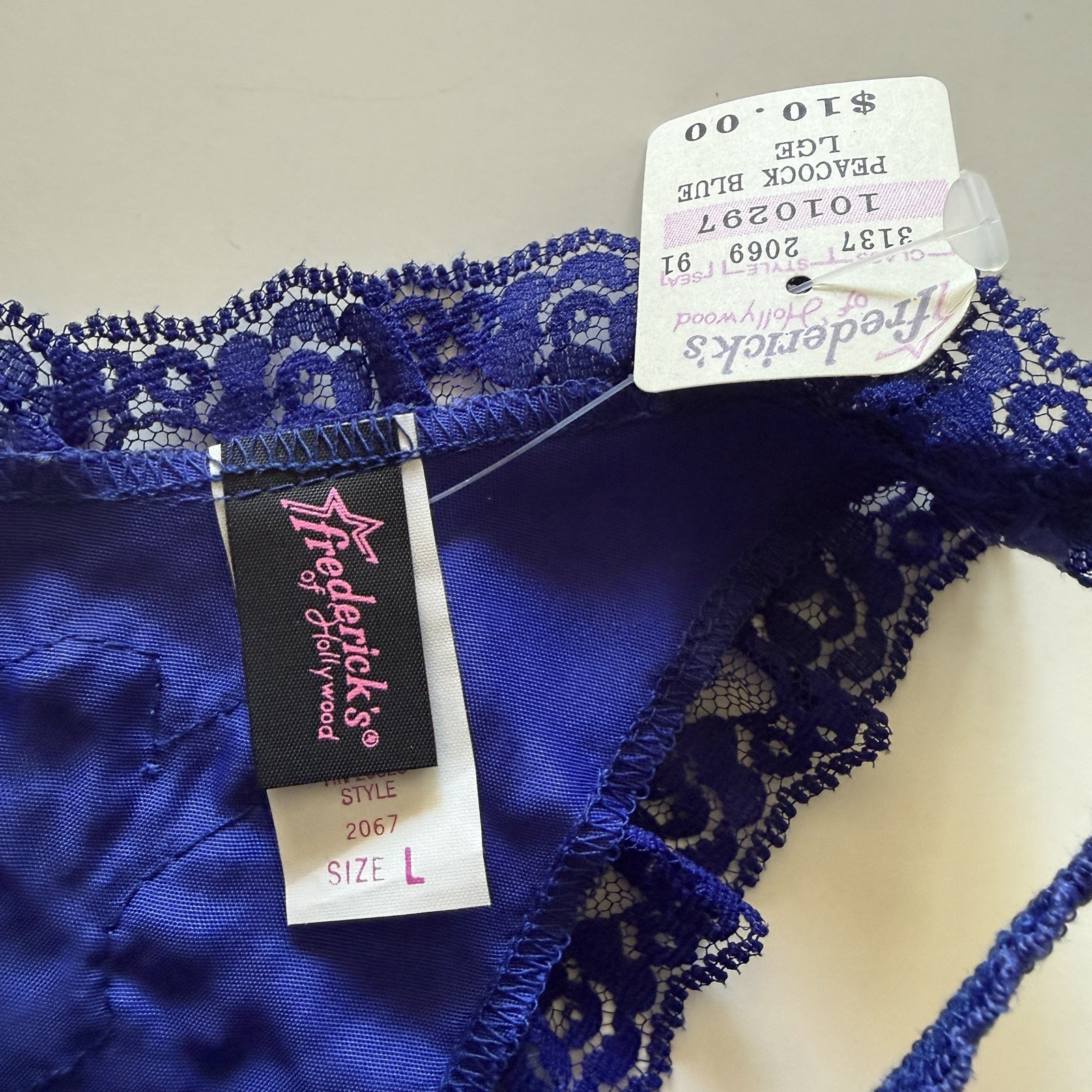 VTG Fredericks Of Hollywood Blue String Bikini Panties Large Beads Lace Satin