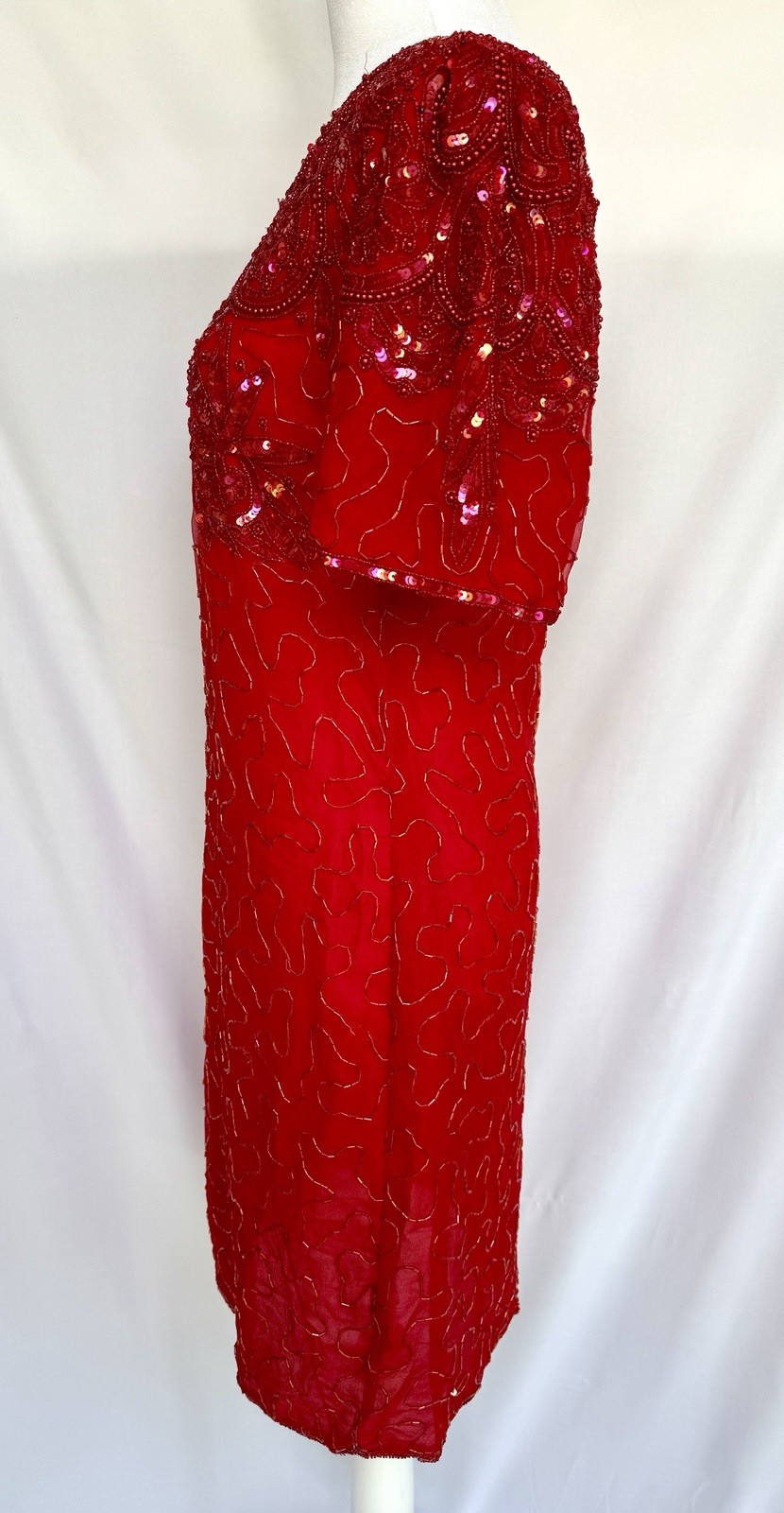Silky Nites Cherish Red Dress Romantic Heavy Beads Silk Glittery Sexy Glam 80’s