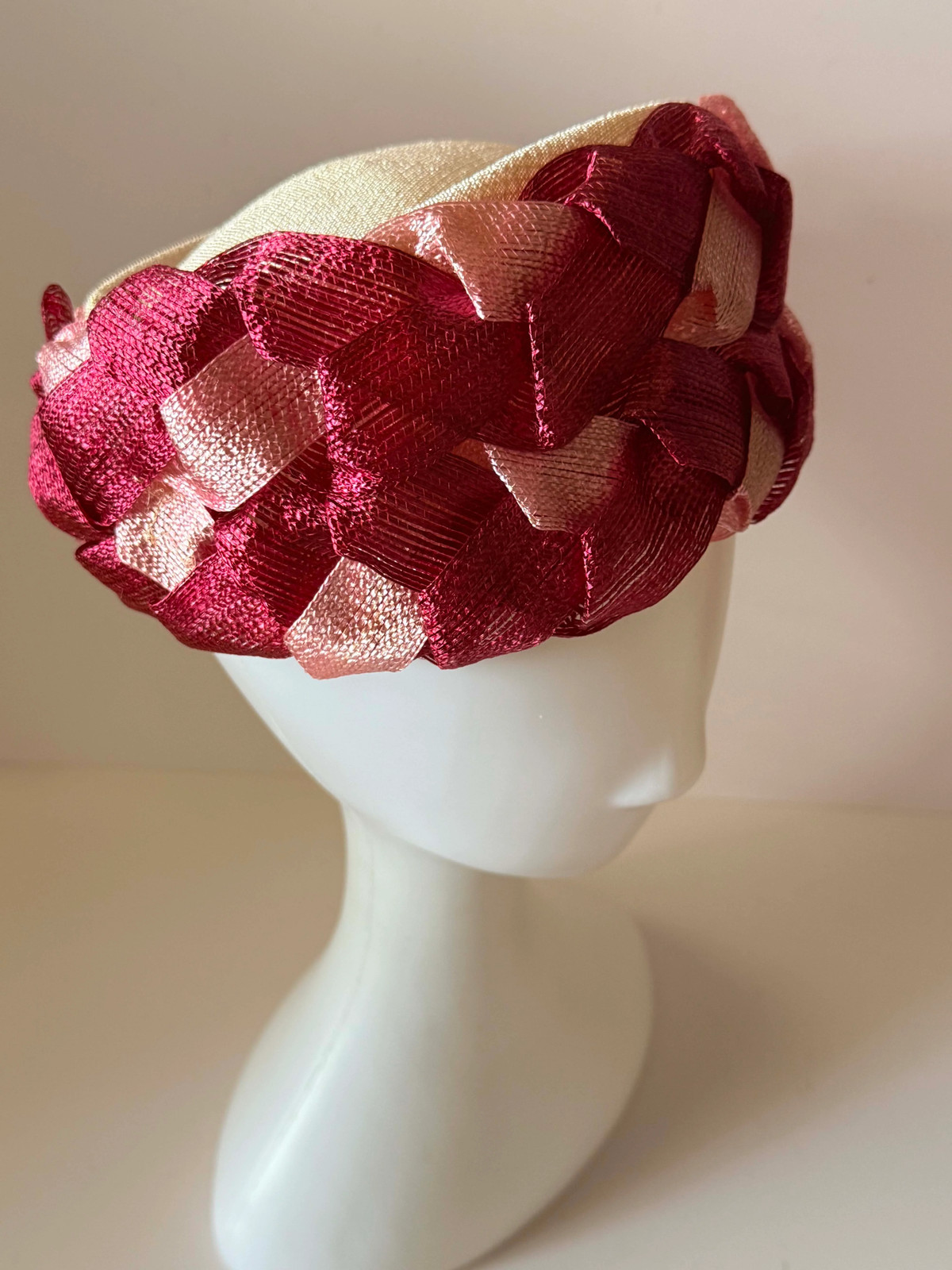 Vintage Burgundy & Blush Pink Woven Ribbon Pillbox Hat | 1960s Sculptural