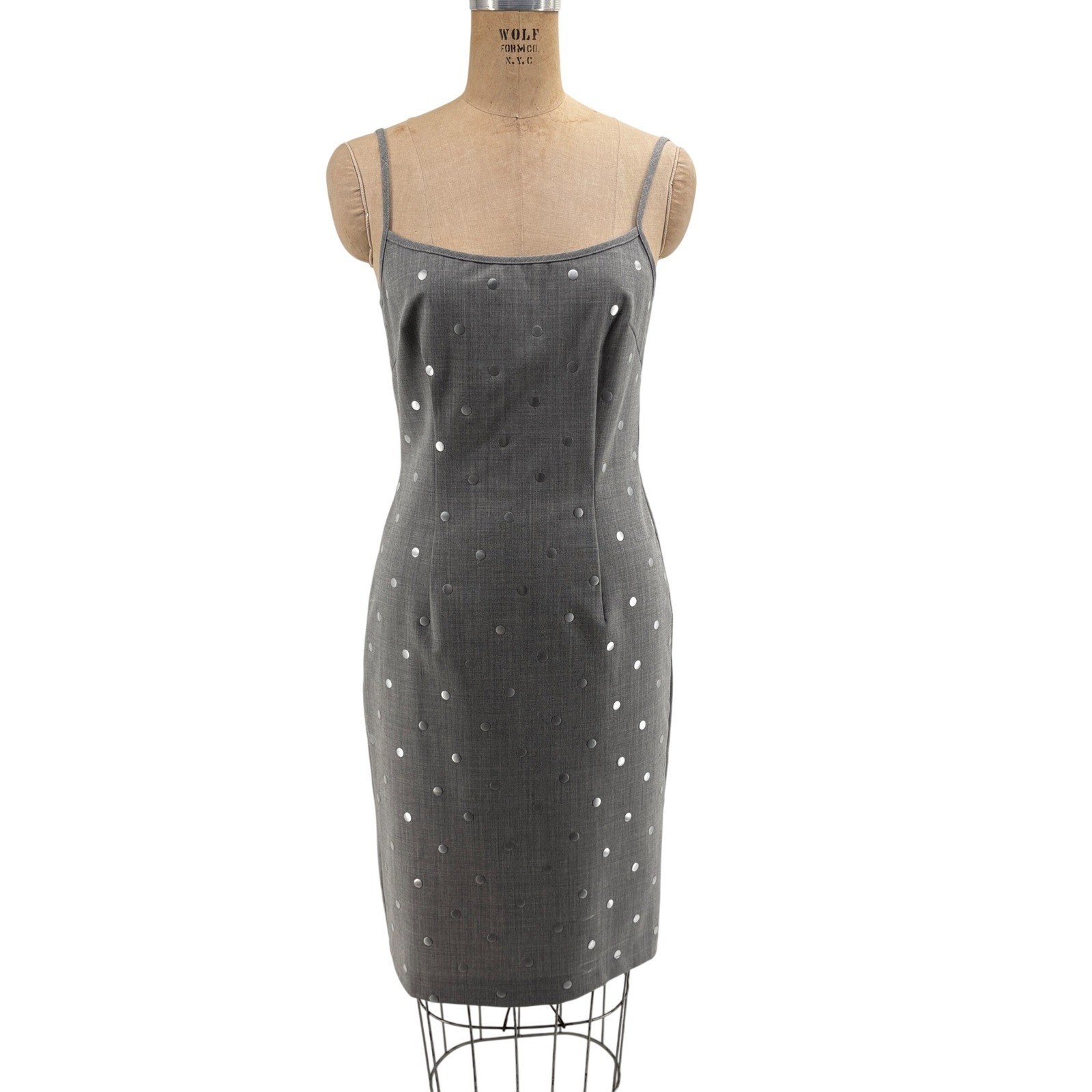 Moschino Jeans Gray Wool Blend Silver Polka Dot Midi Sheath Dress 10/44 Stylish