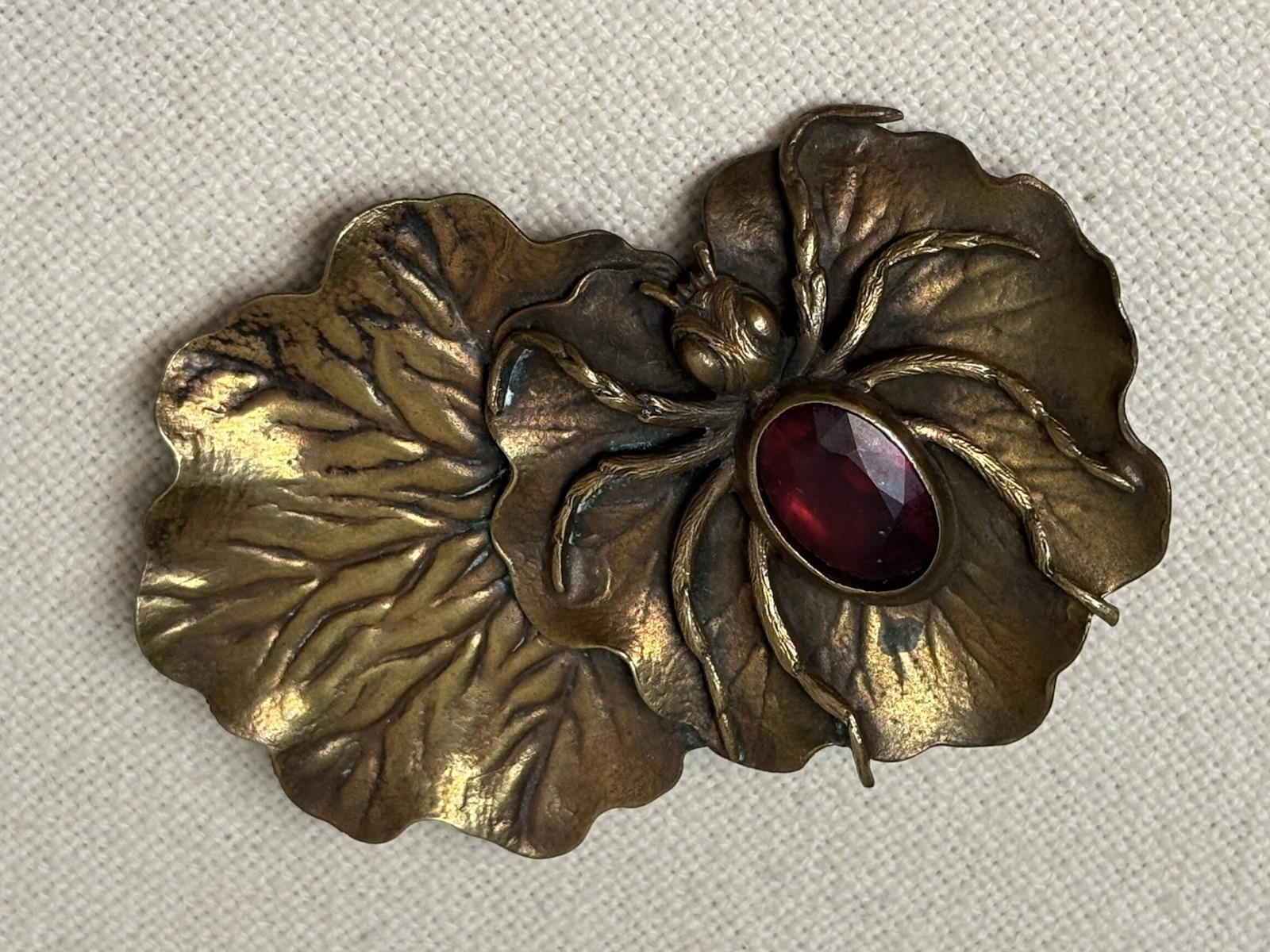 Antique Art Nouveau Brass Spider Ruby Red Rhinestone Belt Buckle