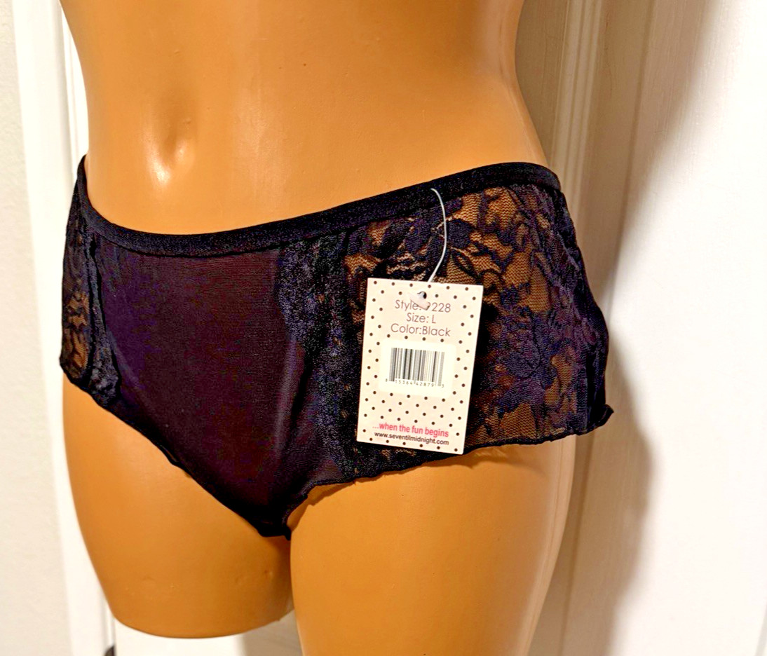 VTG Y2K SEVEN ‘TIL MIDNIGHT BLACK W/ LACE INSETS HIP HUGGER BIKINI PANTIES SZ L