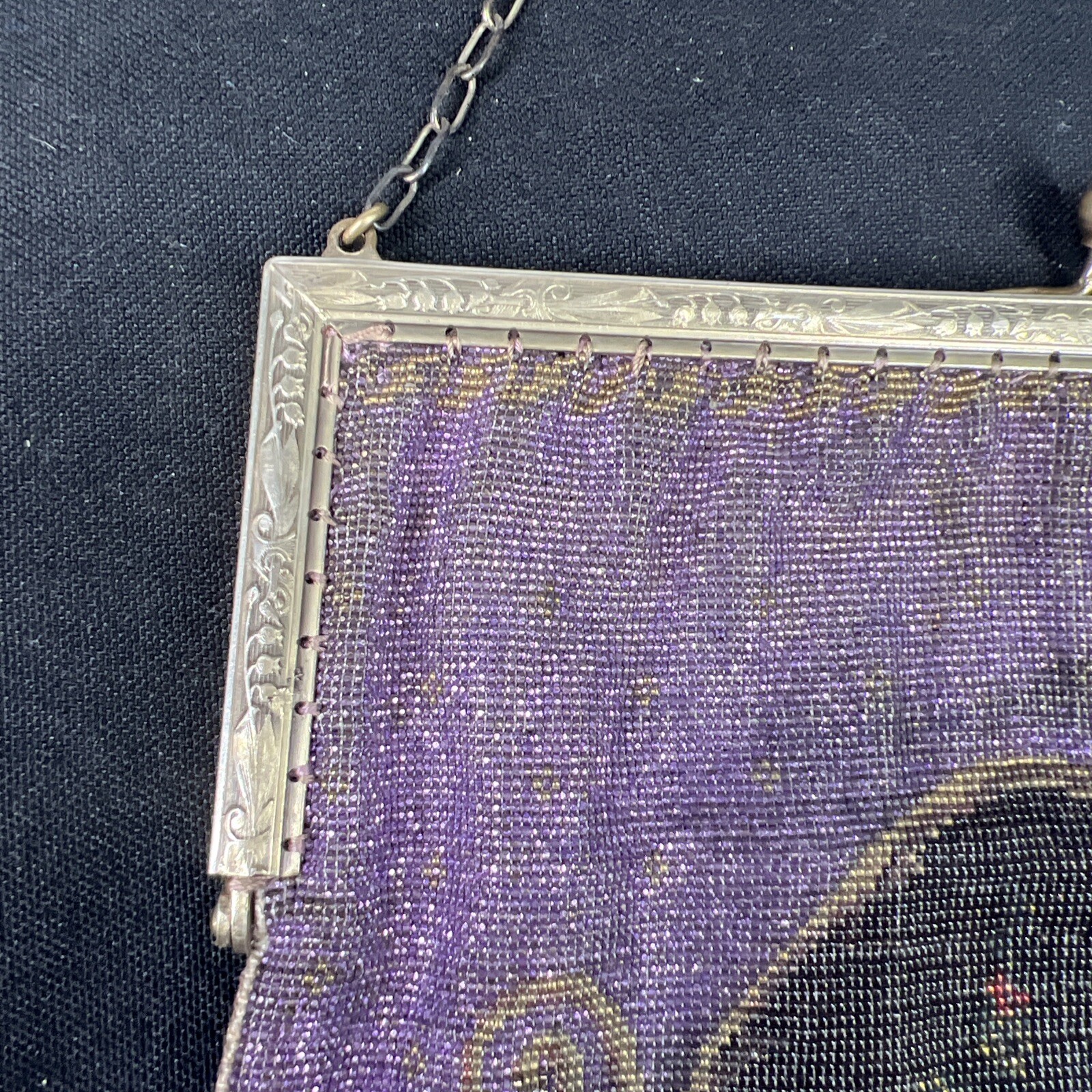 Antique Art Nouveau Gold French Steel Micro Bead Floral Fringe Purse 10.5”