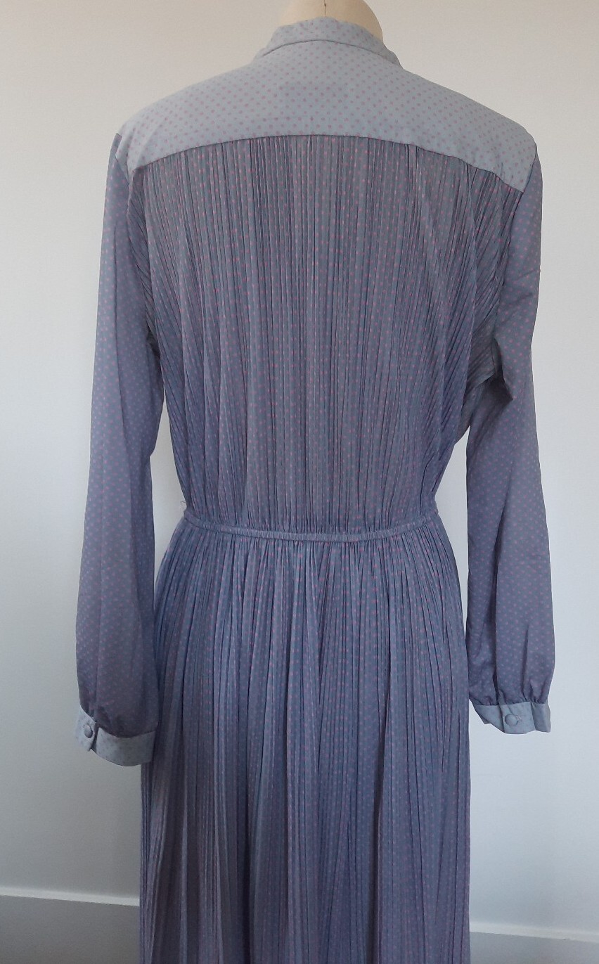 VTG Hal Ferman Midi Dress Women Size M Long Sleeve Gray Pink Polka Dots Pleated