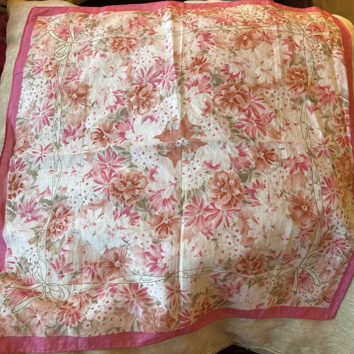 Vintage Ladies Nina Ricci Pink Floral Cotton Handkerchief 17 Inches