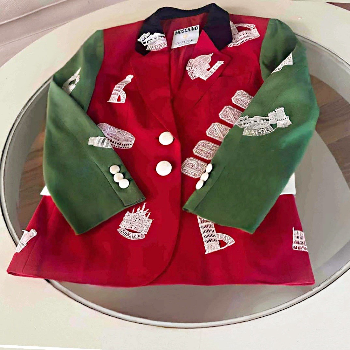 VTG Moschino Couture Red & Green Lace Appliqué Blazer Italy Size 6 US 1990’s