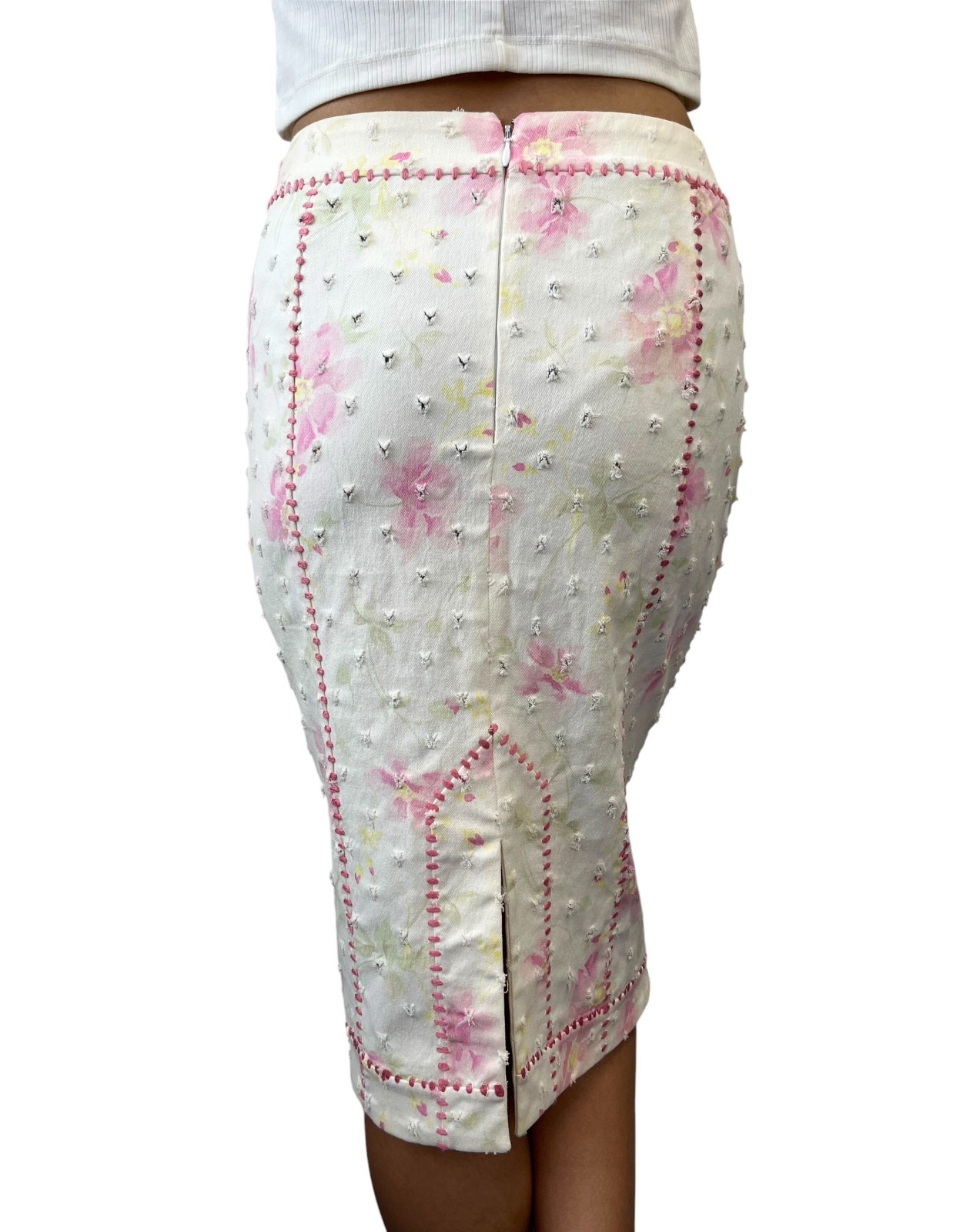 Christian Dior Vintage Flower Perforated Denim Skirt #38 Pink White 902081