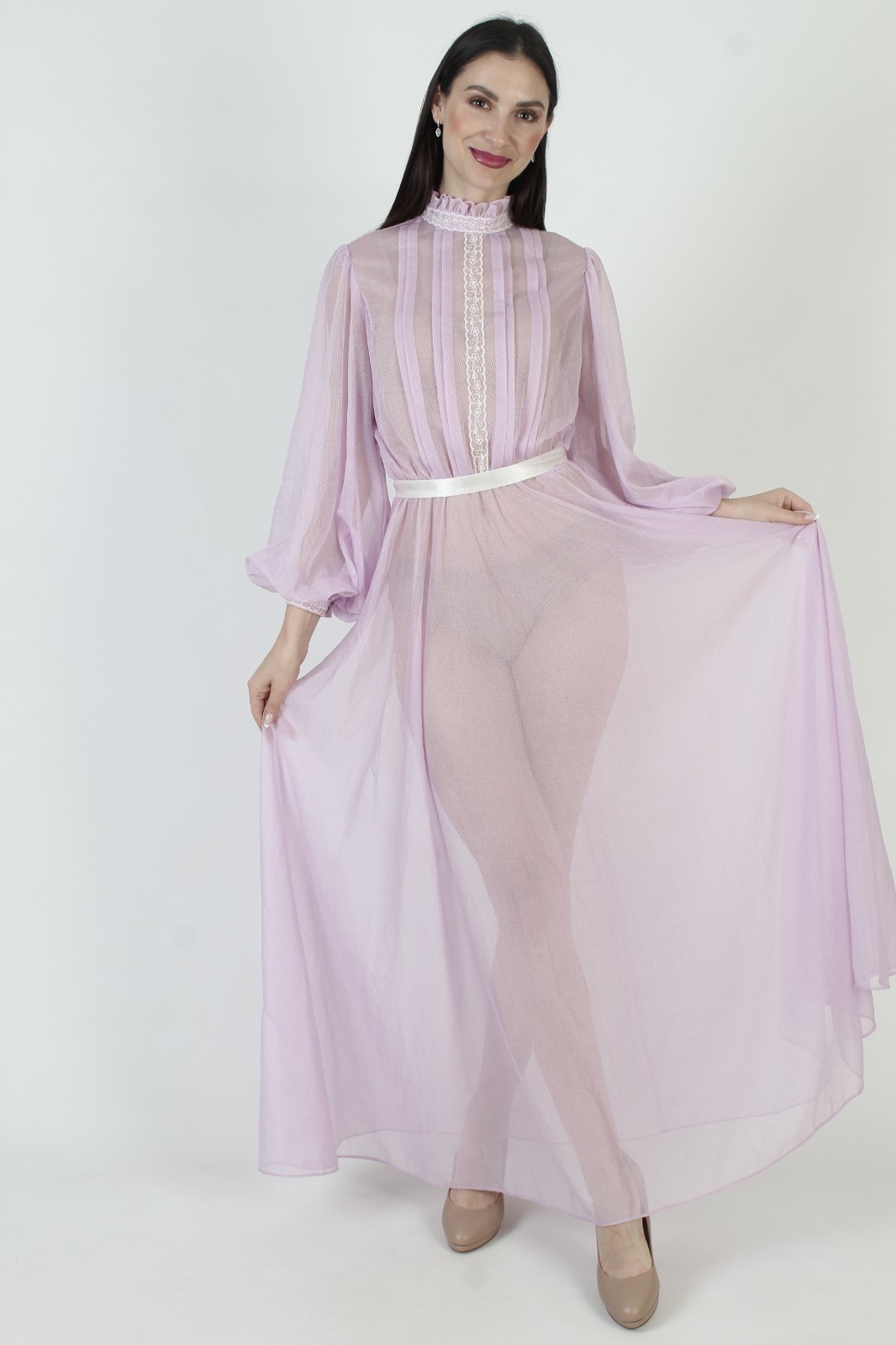 Vtg Sheer Purple Dress Sexy See Through Poet Bell Slv Bridesmaid Victorian Gown
