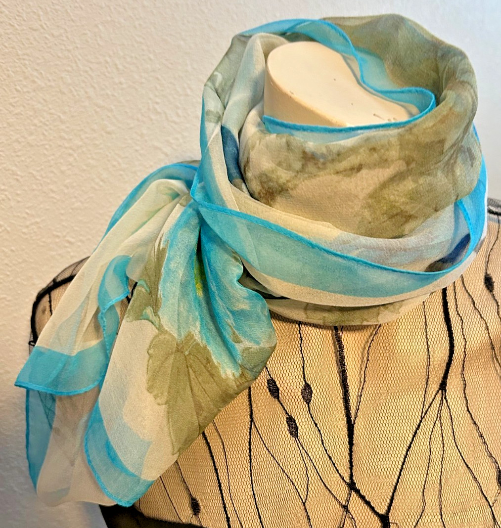 New Vintage 20 x 64 Inch Large, Blue, White, Sheer Rectangle Scarf – Poly- VS-71
