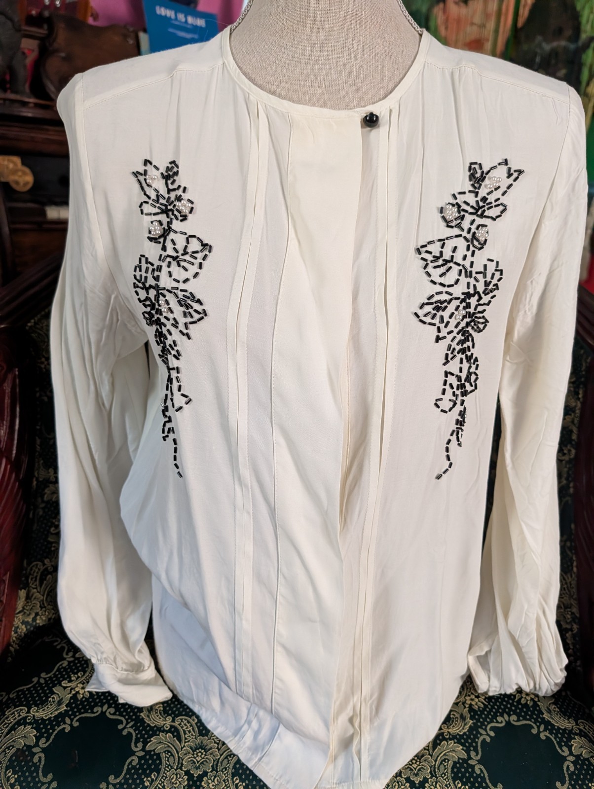 Laura & Jayne Women Top Sz 6 Embroidered Ivory Black Beaded Floral WT Old Stock