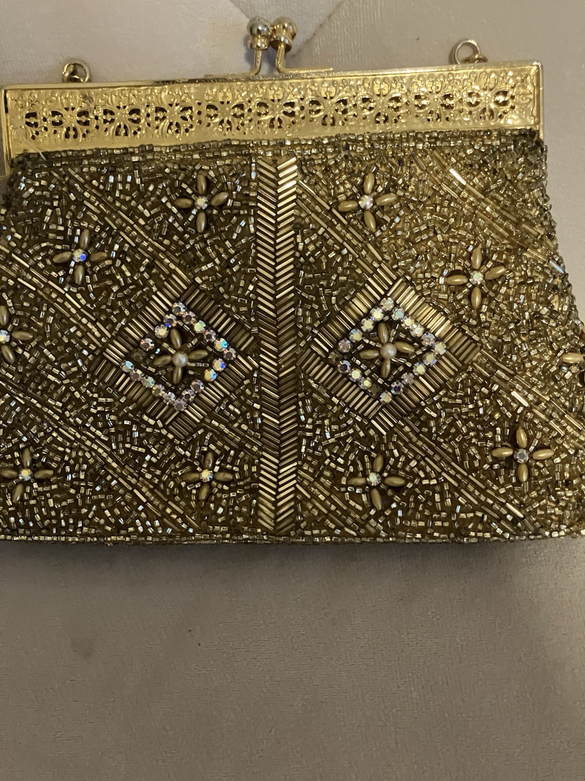 Vintage 1950s Gold Beaded Rhinestone Evening Clutch Purse Wedding Cocktail