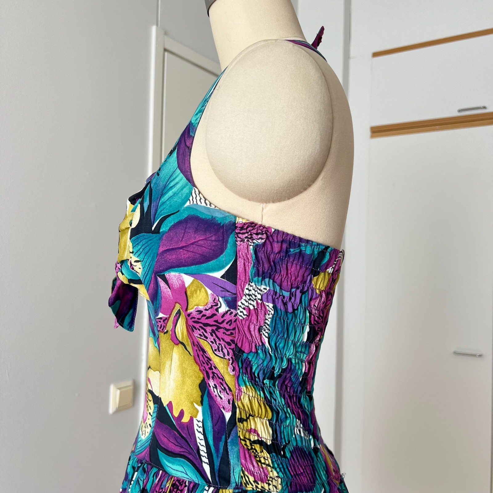 1980s West German Tropical Print Halter Neck Midi Dress Rockabilly 80s Does 50s