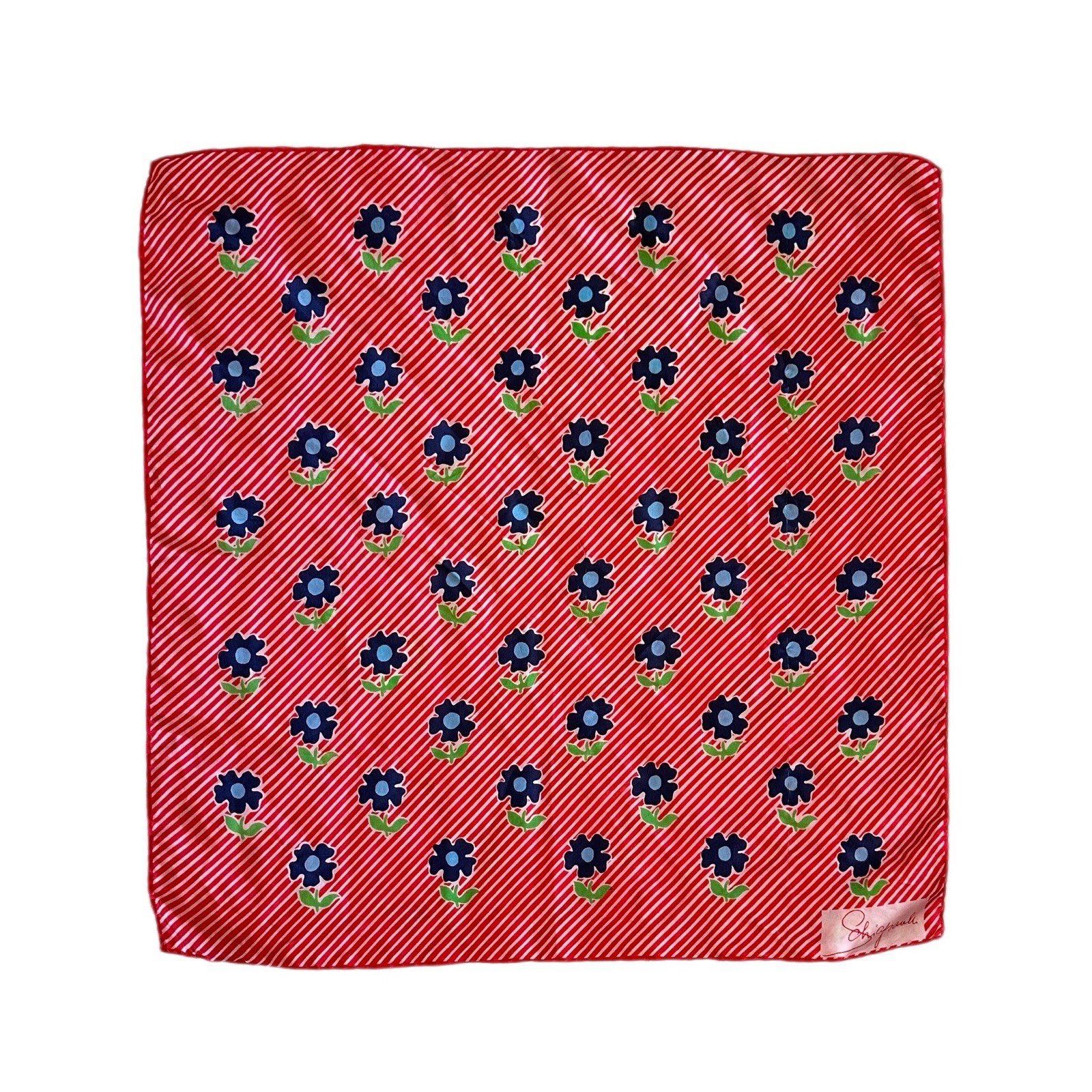 Vintage Schiaparelli Silk Scarf Red Stripe Blue Floral Square 22″
