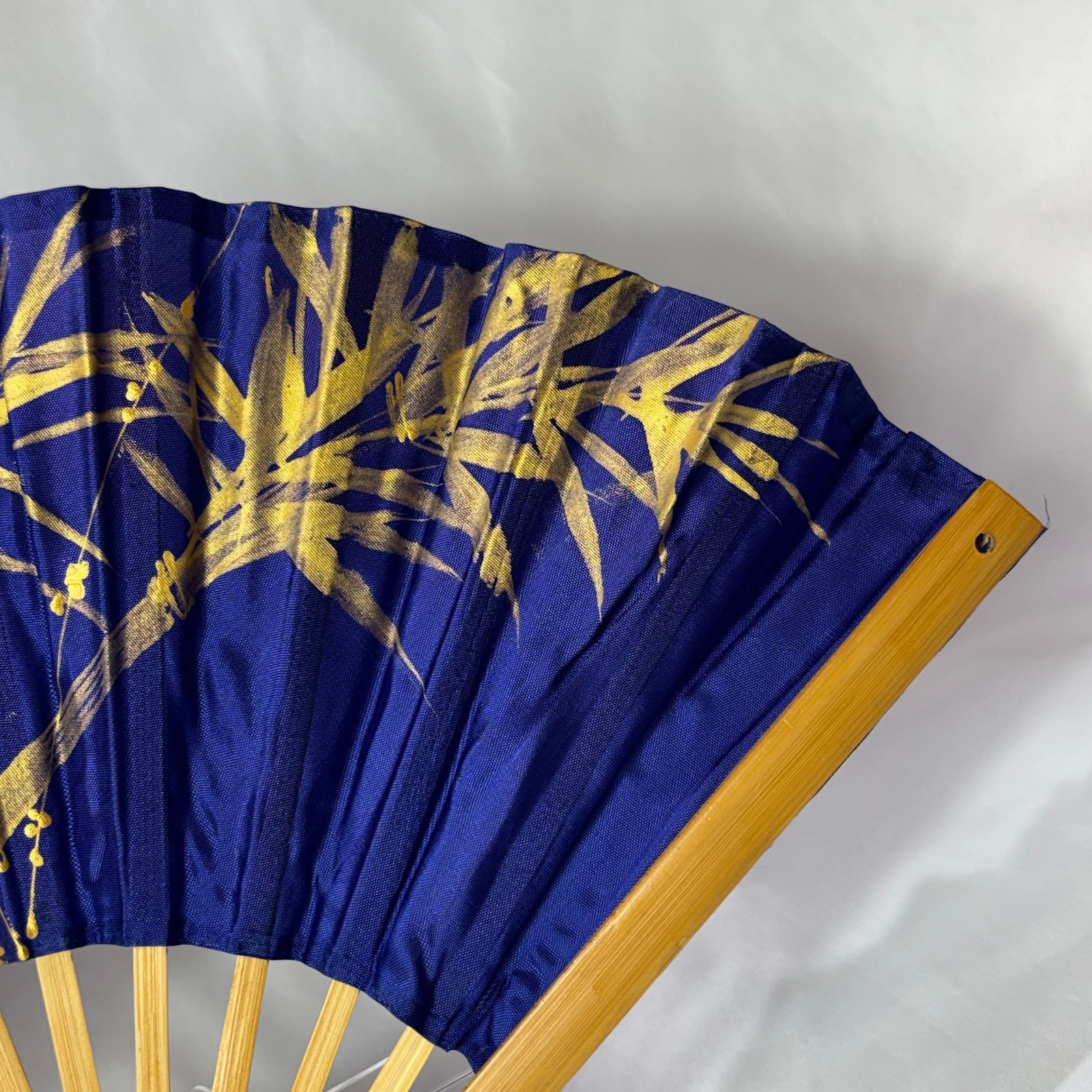 Blue Synthetic Folding Fan Hand Painted Gold Leaves & Bird Bamboo Thailand