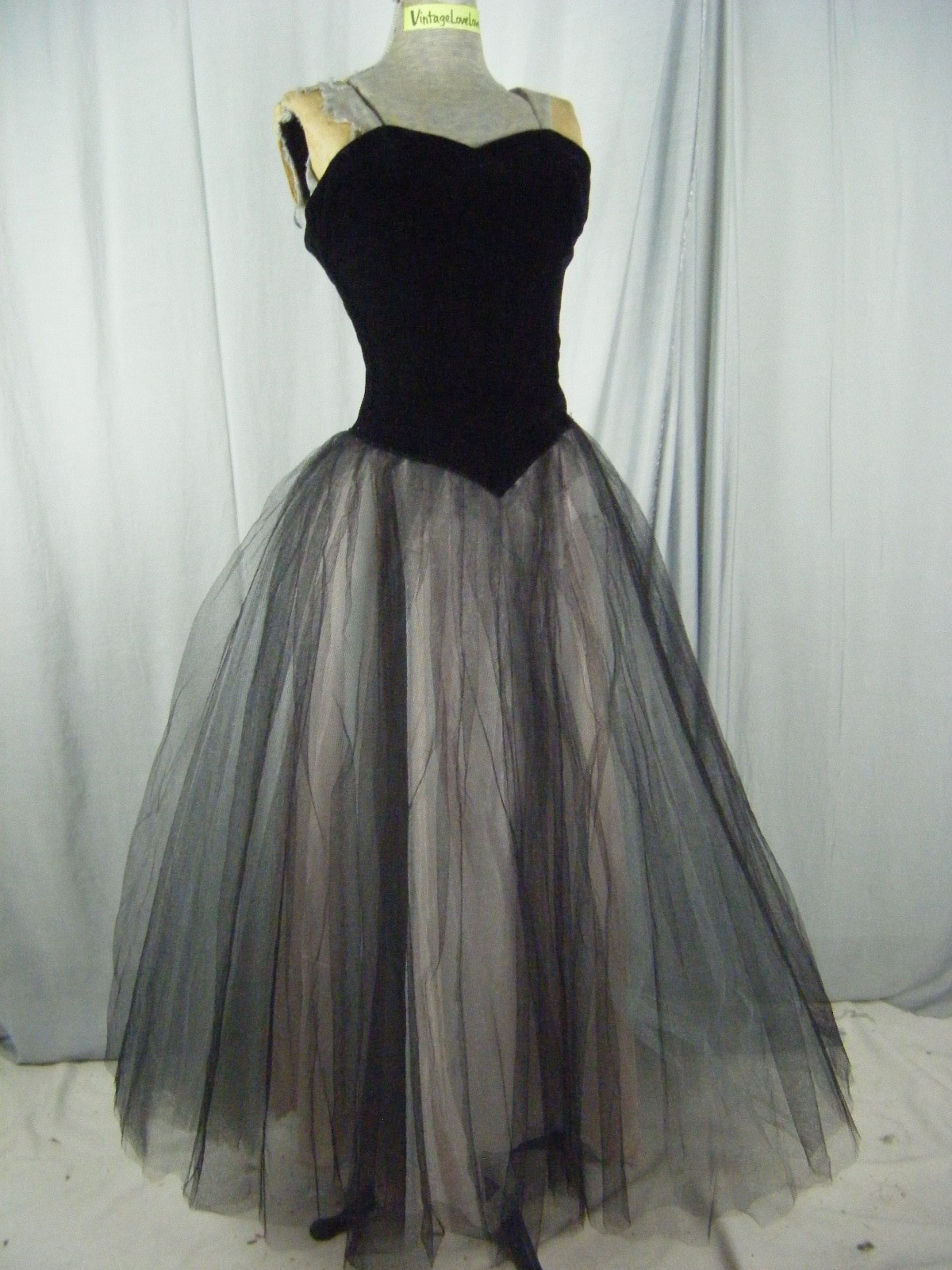 Vtg 50s Black Velvet Strapless Tulle Party Dress-Bust 30/3XS-2XS, AS-IS