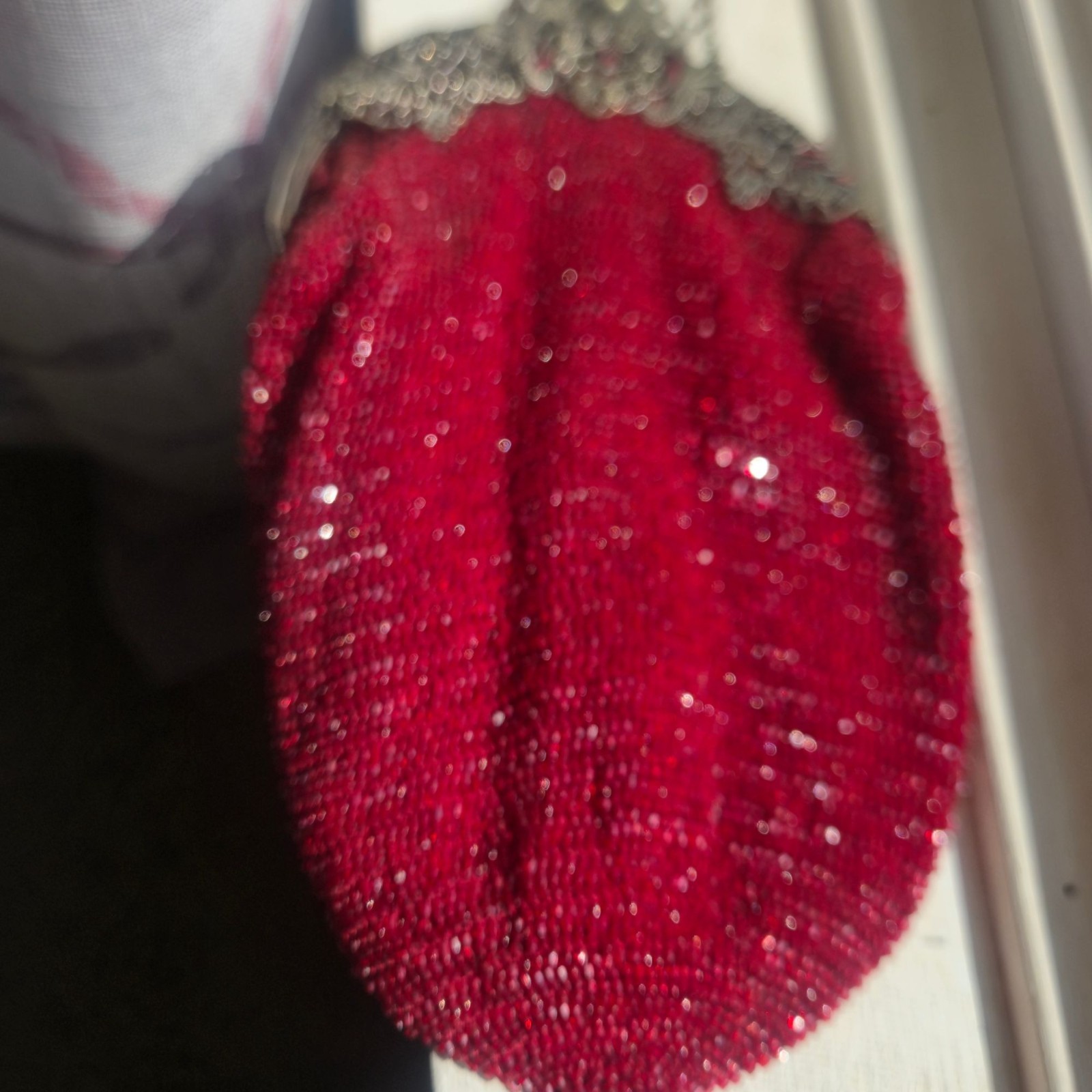 Antique Red Beaded Pouch Purse Ornate Brass Filigree Kiss Lock Reticule Tassel B
