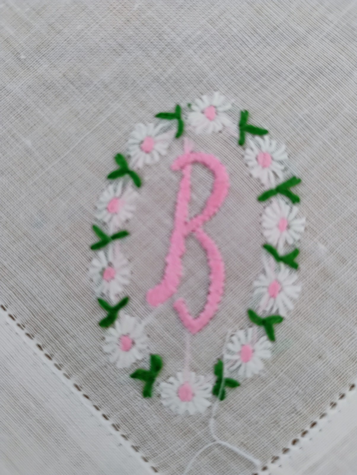 Vgt B Monogram Pink Embroidery White Cotton Hankie Handkerchief