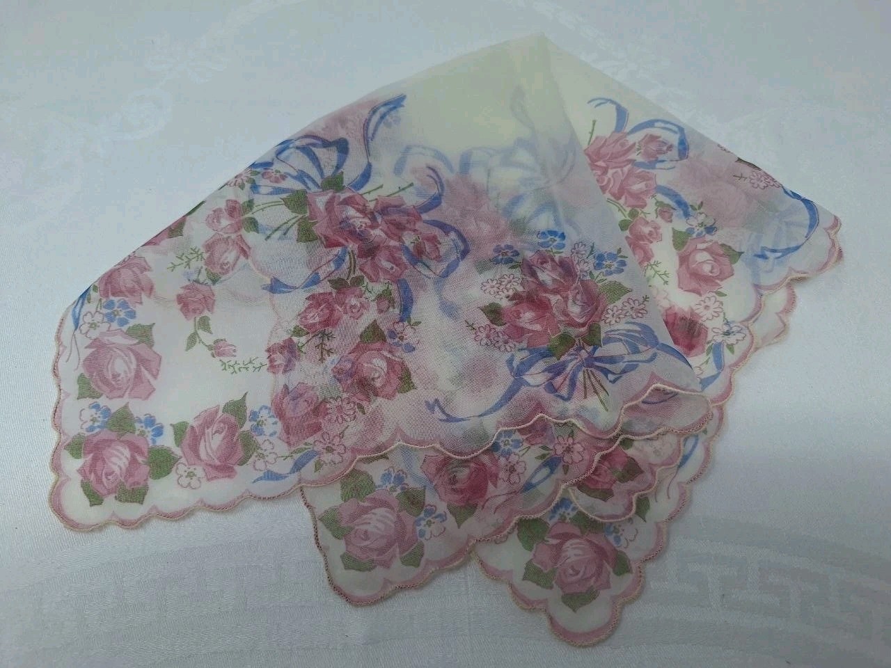 Vintage Pink Rose Blue Ribbon Chiffon Sheer Hankie FREE SHIP