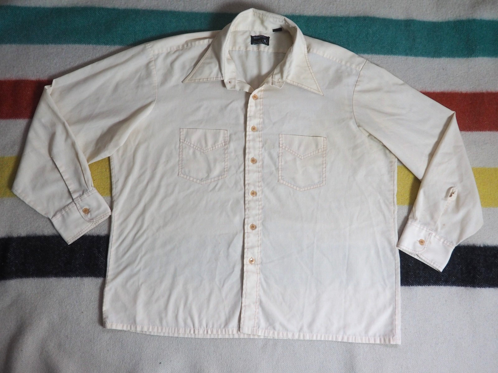 VTG 70s JC Penneys Tan Beige Hippy Polycotton Faded Button Pocket Shirt Mens XL