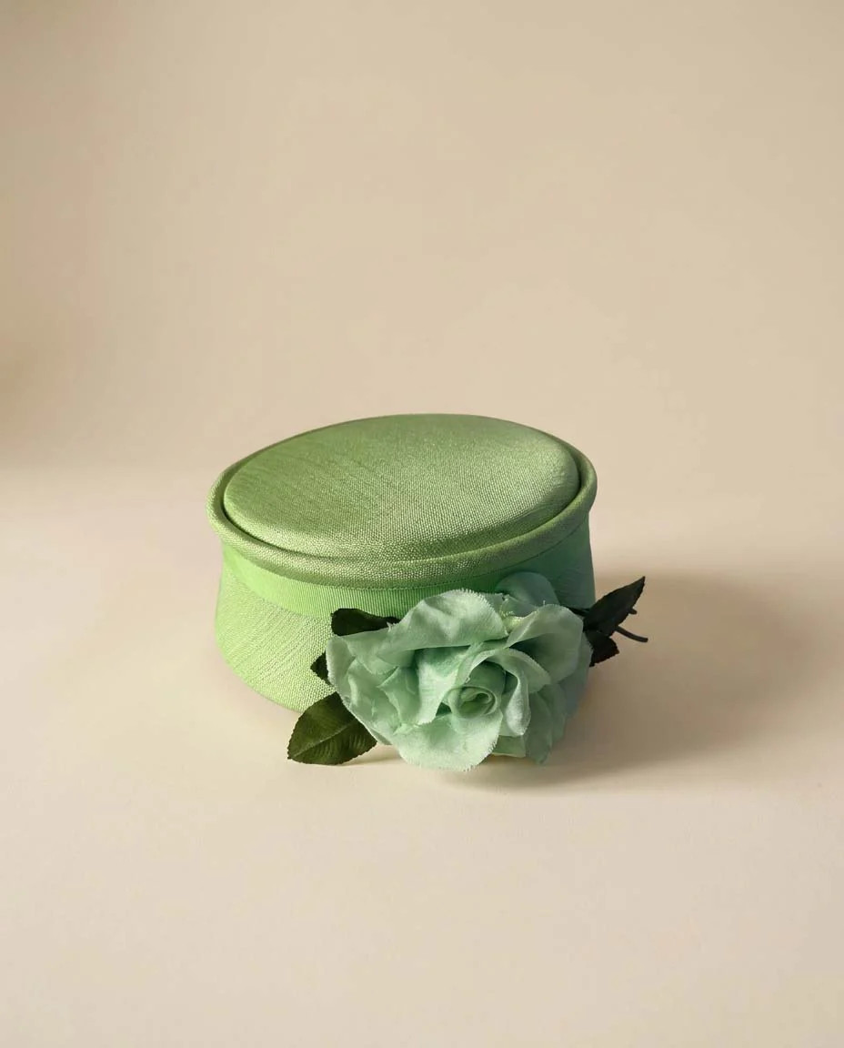 Vintage Mint Green Pillbox Hat 1960s Satin Floral Cocktail Hat Spring Wedding