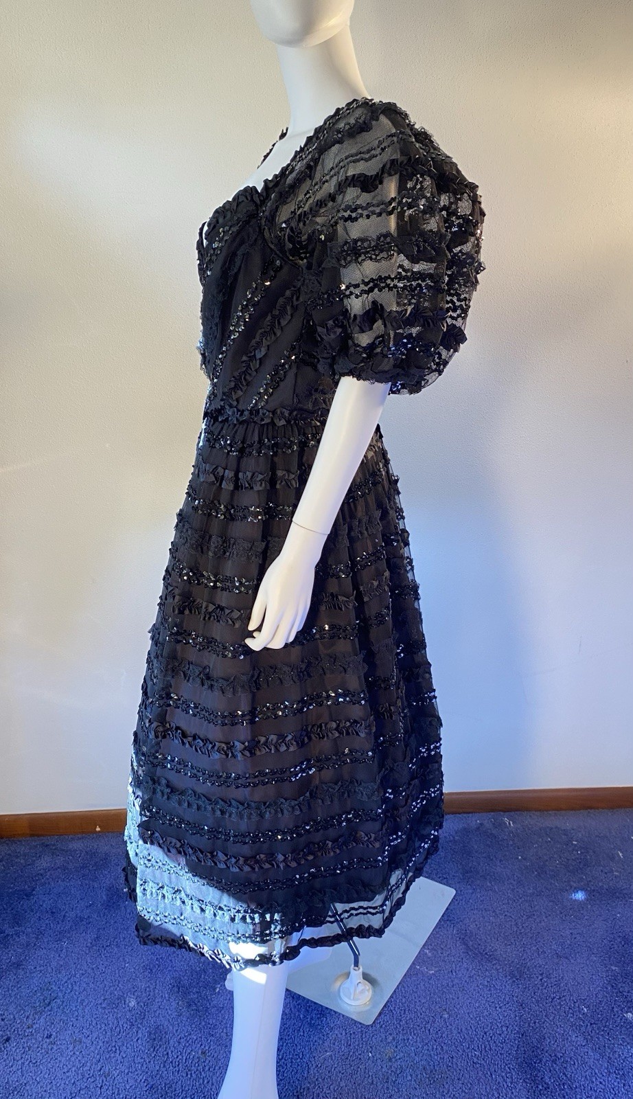 Vintage Lillie Rubin 1970’s Fit And Flair Sequin And Sheer Overlay Gown, Ex Con