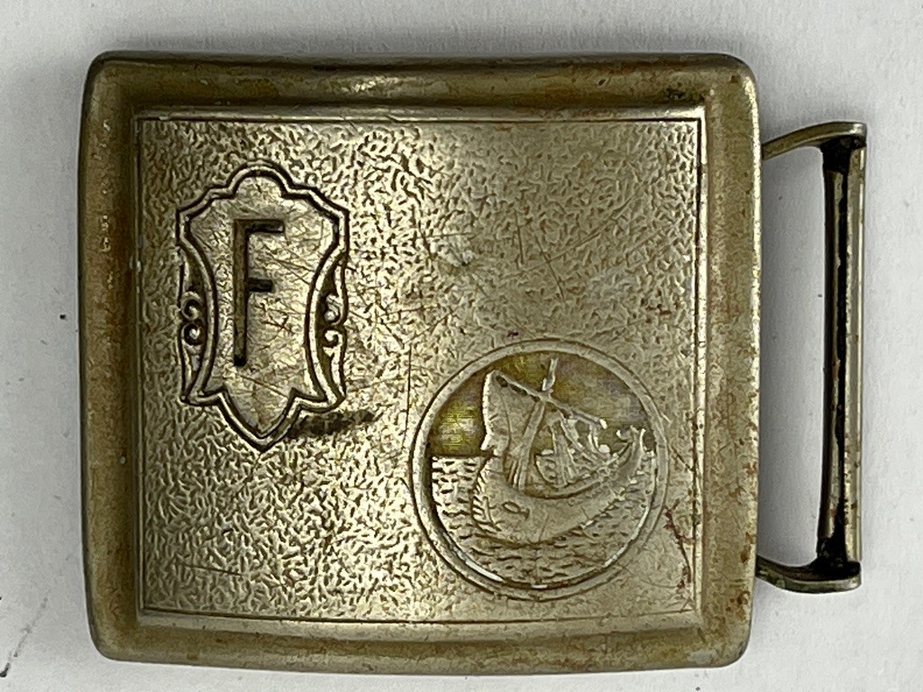 Vintage Silver Plate Belt Buckle with F and Viking Ship Giant Grip Pat. 1921