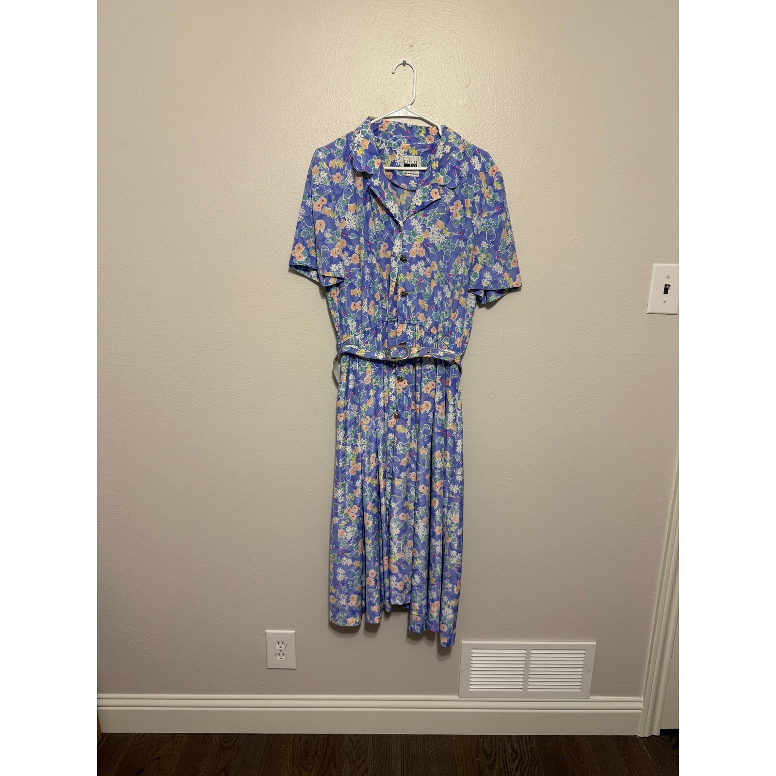 Vintage 80s Leslie Fay Floral Garden Print Belted Midi Dress Blue Purple Size 14