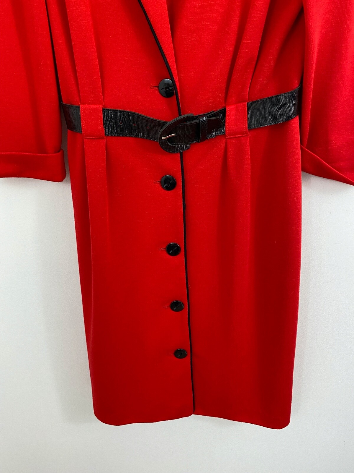 Vintage Leslie Fay Red Belted Maxi Dress Size 12 PETITE Button Front Secretary