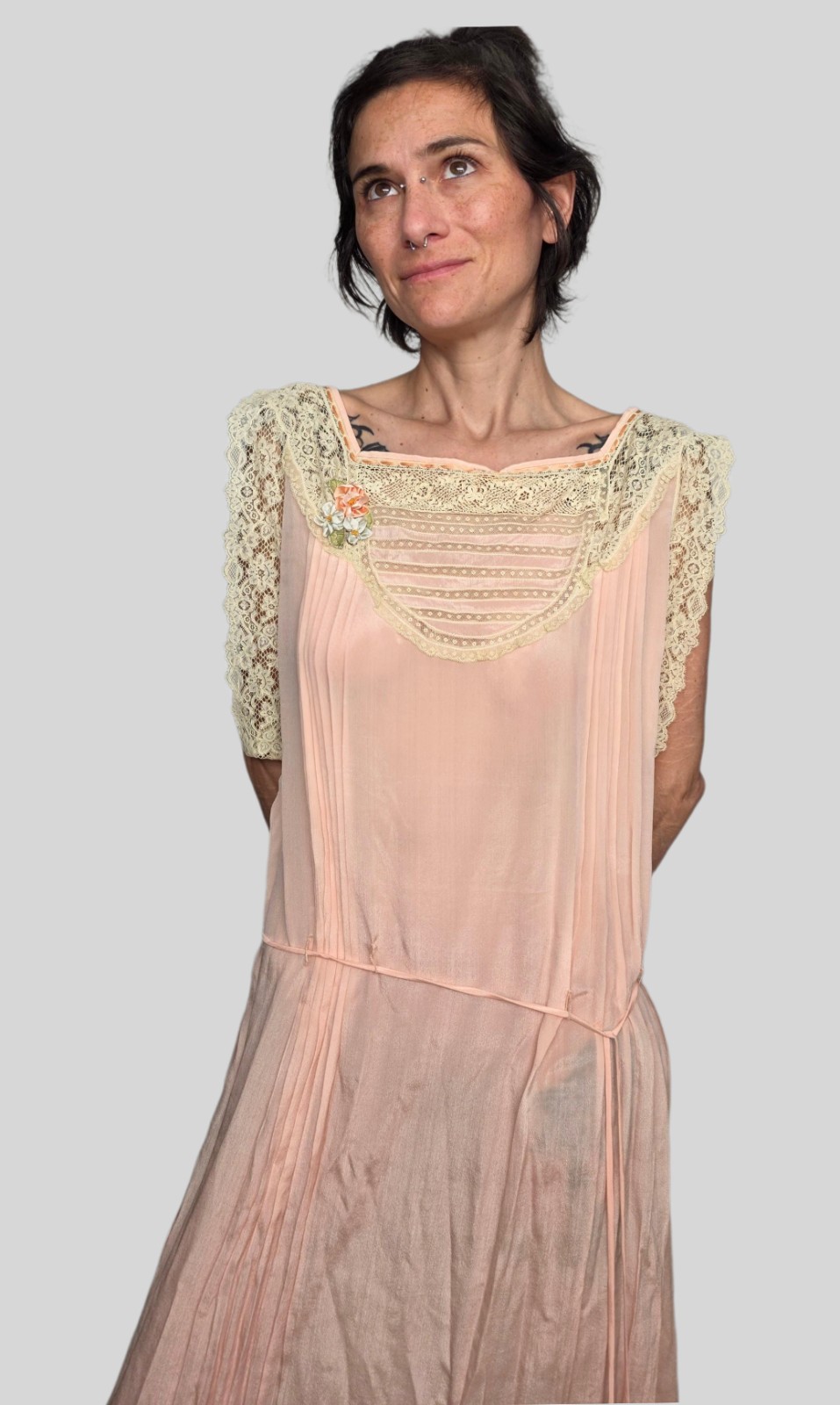 1920s Pink Silk Chiffon Flapper Dress With Lace Cape Sleeves & Tassel Tie