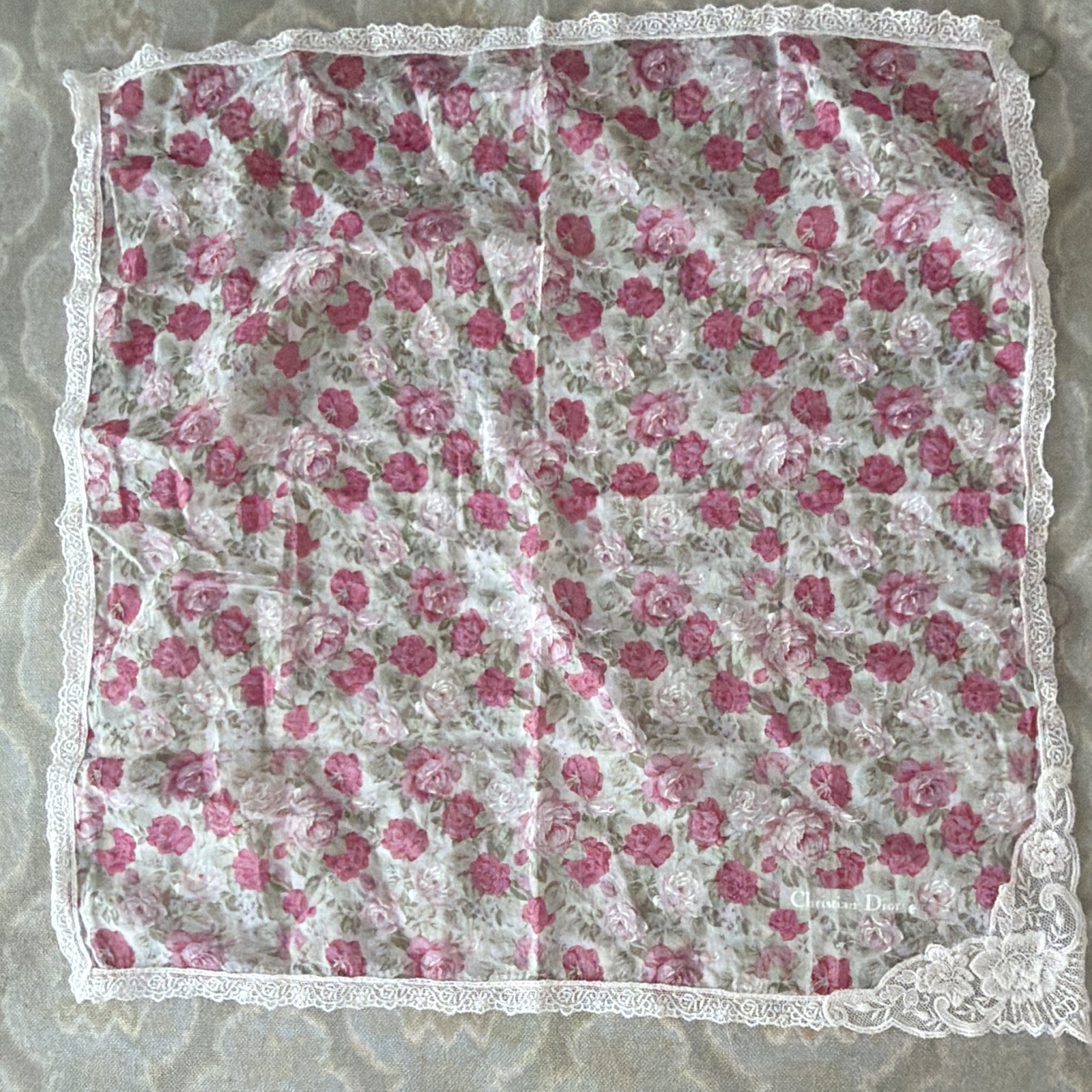 Christian Dior Women’s Pink White Green Floral Lace Trim Handkerchief