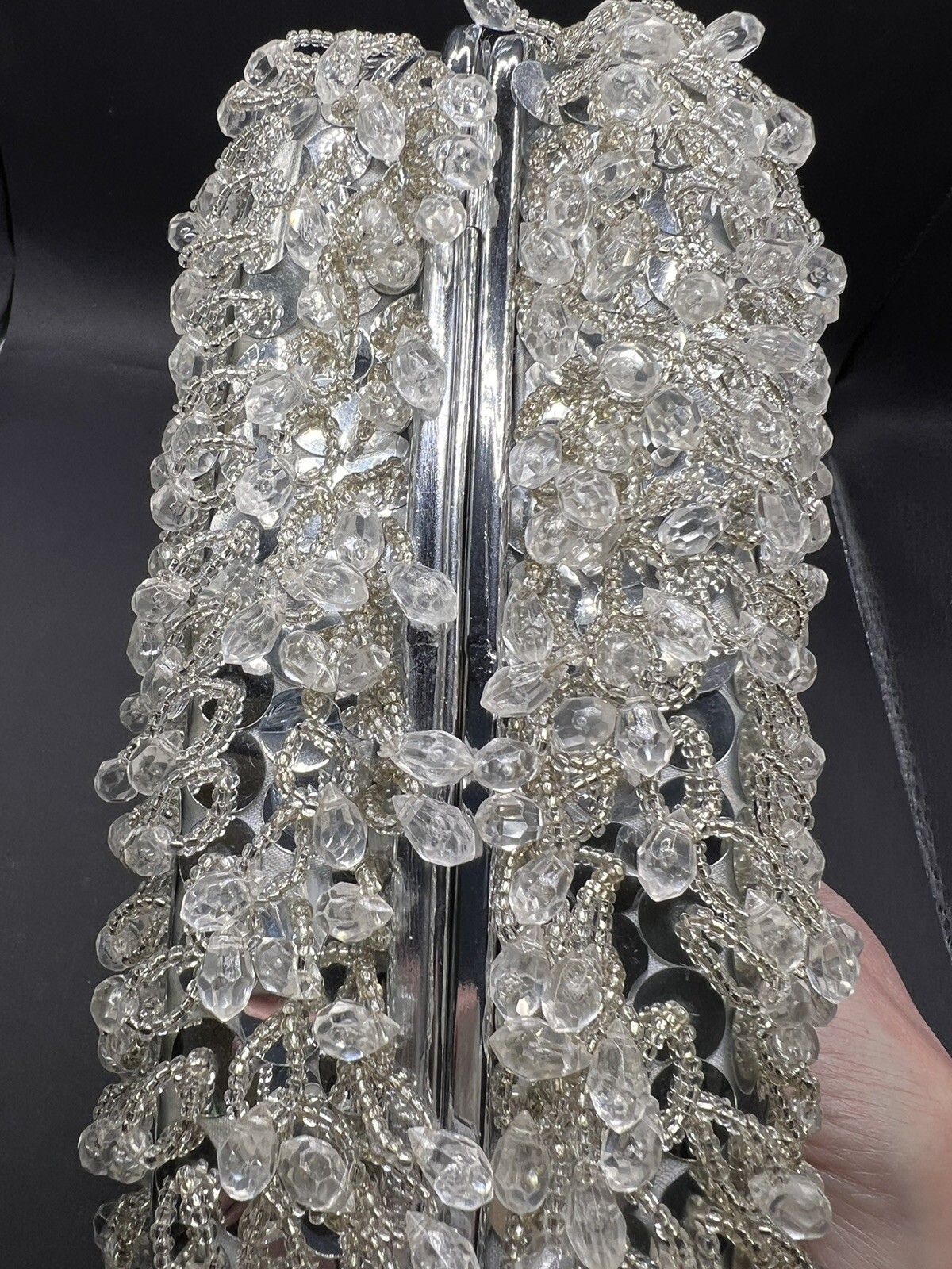 Vtg Beaded HandBag Silver & Clear Evening Purse Hong Kong Prom Wedding 60s 70s