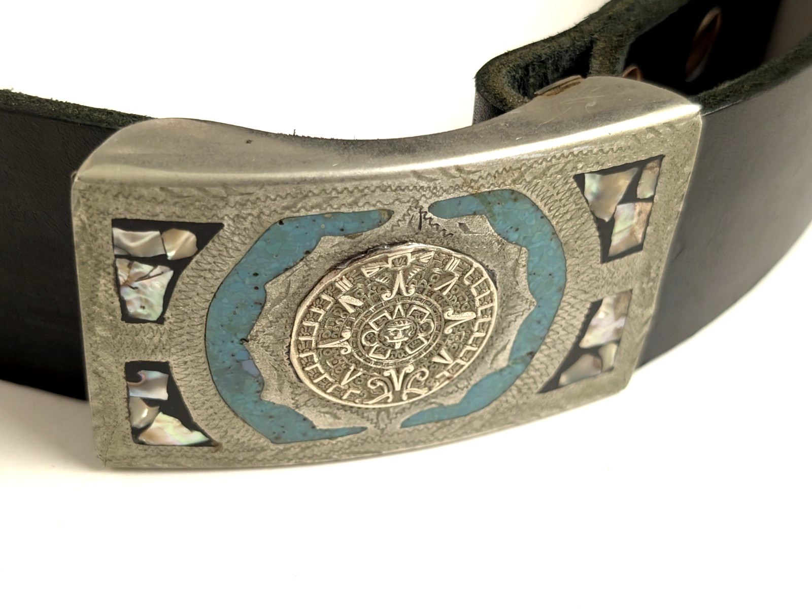Vintage Mexico Alpaca Silver Aztec Calendar Belt Turquoise MOP Inlay Black…
