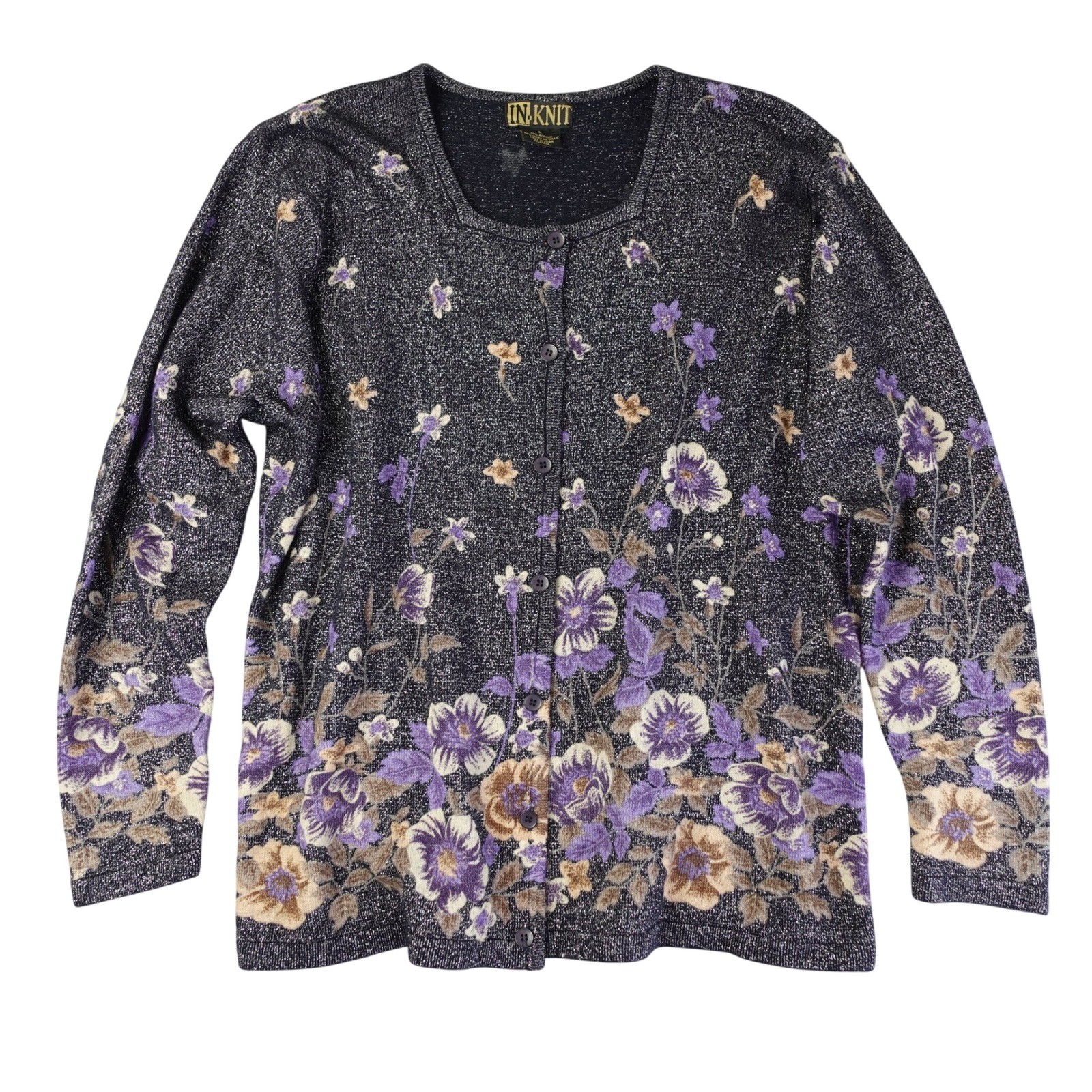 Vintage 90s Cardigan Womens L Purple Floral Metallic Square Neck Dark Fairy Top