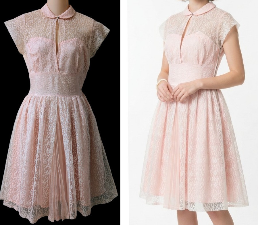Vintage 50’s Pink Illusion Lace Fit And Flare Dress Accordion Pleats Side Zip XS