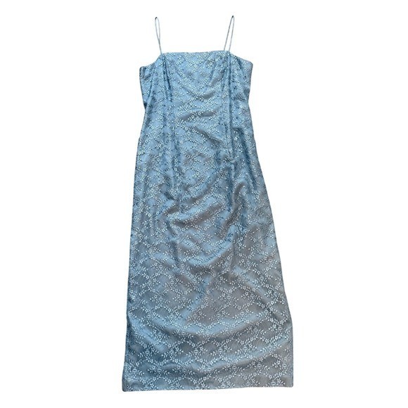 Vintage Alex Evenings 90s Y2K Slate Blue Embroidered Maxi Midi Slip Dress Gown 6