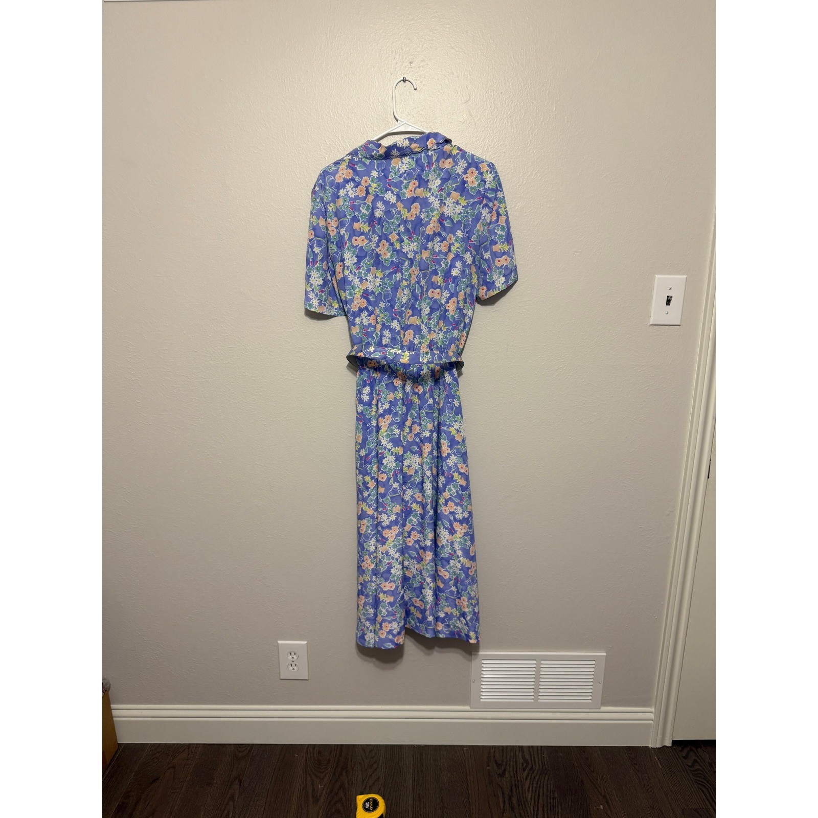 Vintage 80s Leslie Fay Floral Garden Print Belted Midi Dress Blue Purple Size 14