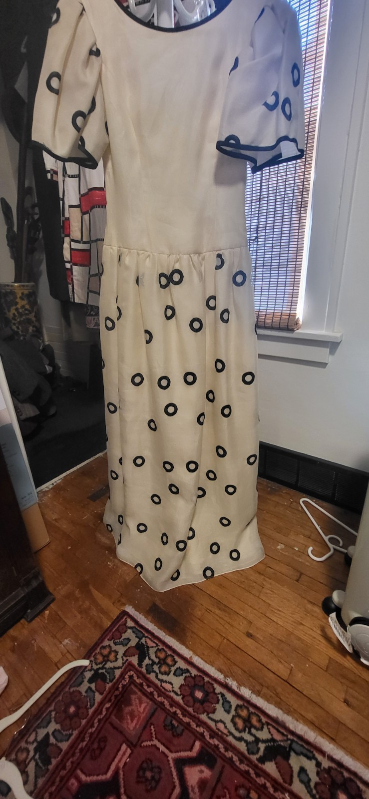 Vintage Custom Ivory Fine Mesh & Black Embroidered Circles Fit & Flare Gown S/M