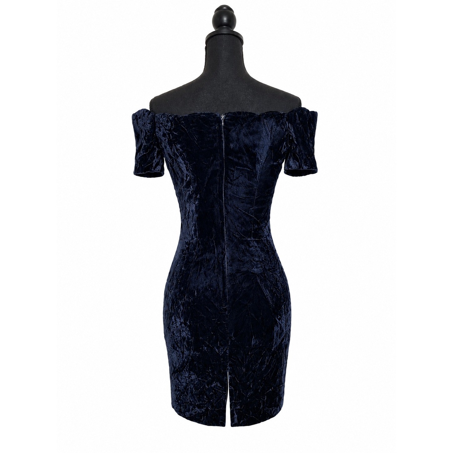 Roberta Vintage Navy Blue Crushed Velvet Off Shoulder Mini Dress Scalloped Neck