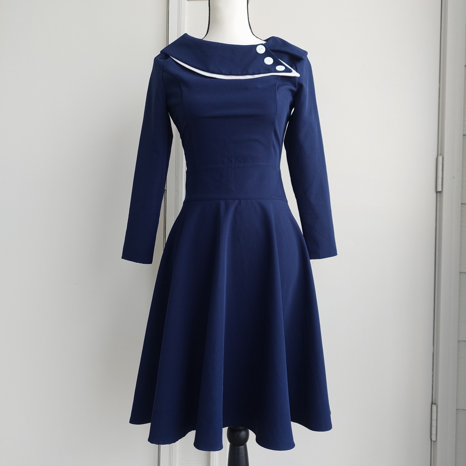 Vintage 50s 60s Pinup Sailor Collar Navy Blue Swing Dress Rockabilly sz Small