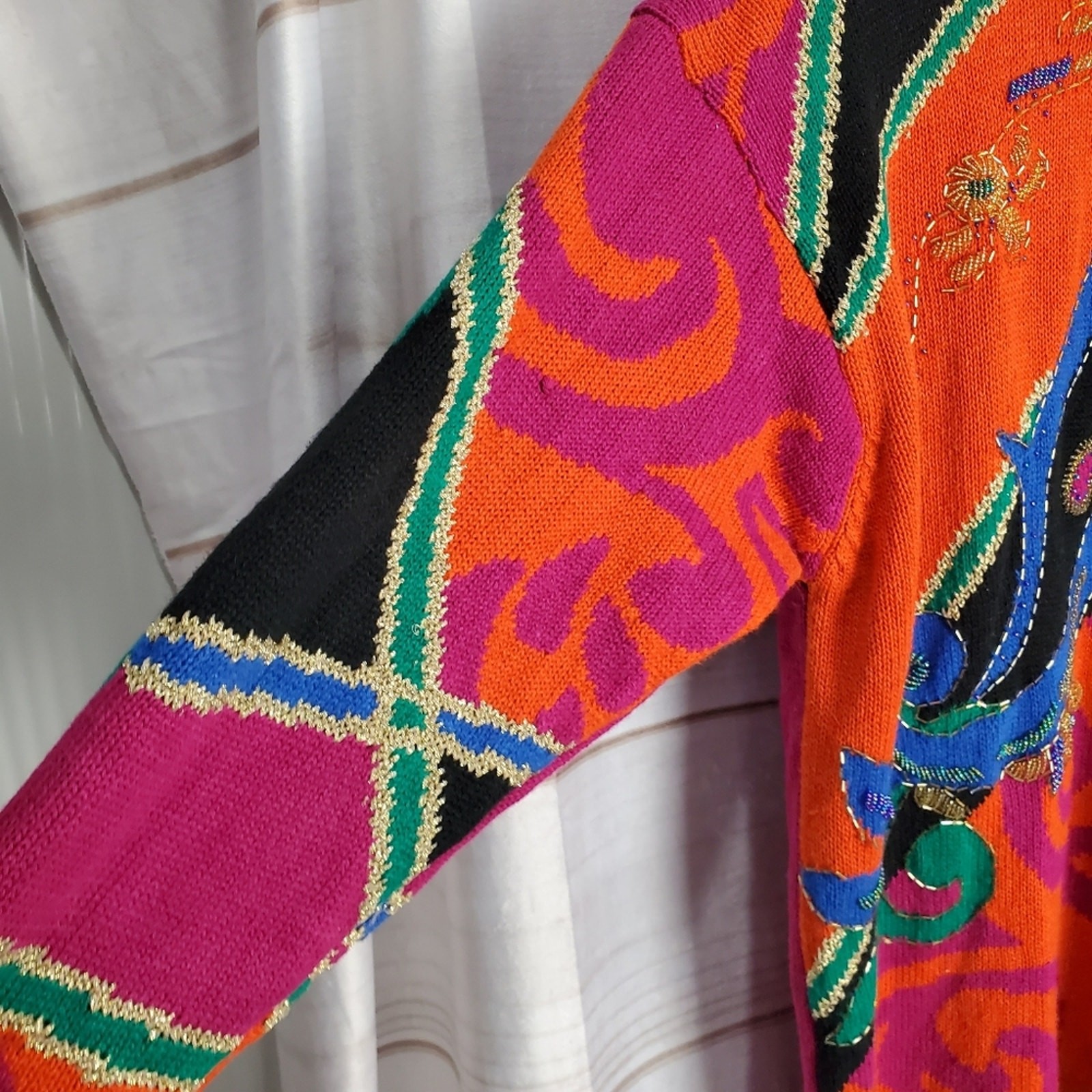 Vintage Colorful Sweater Womens Medium Bright Pink Knit Beaded Glam Rock 90s