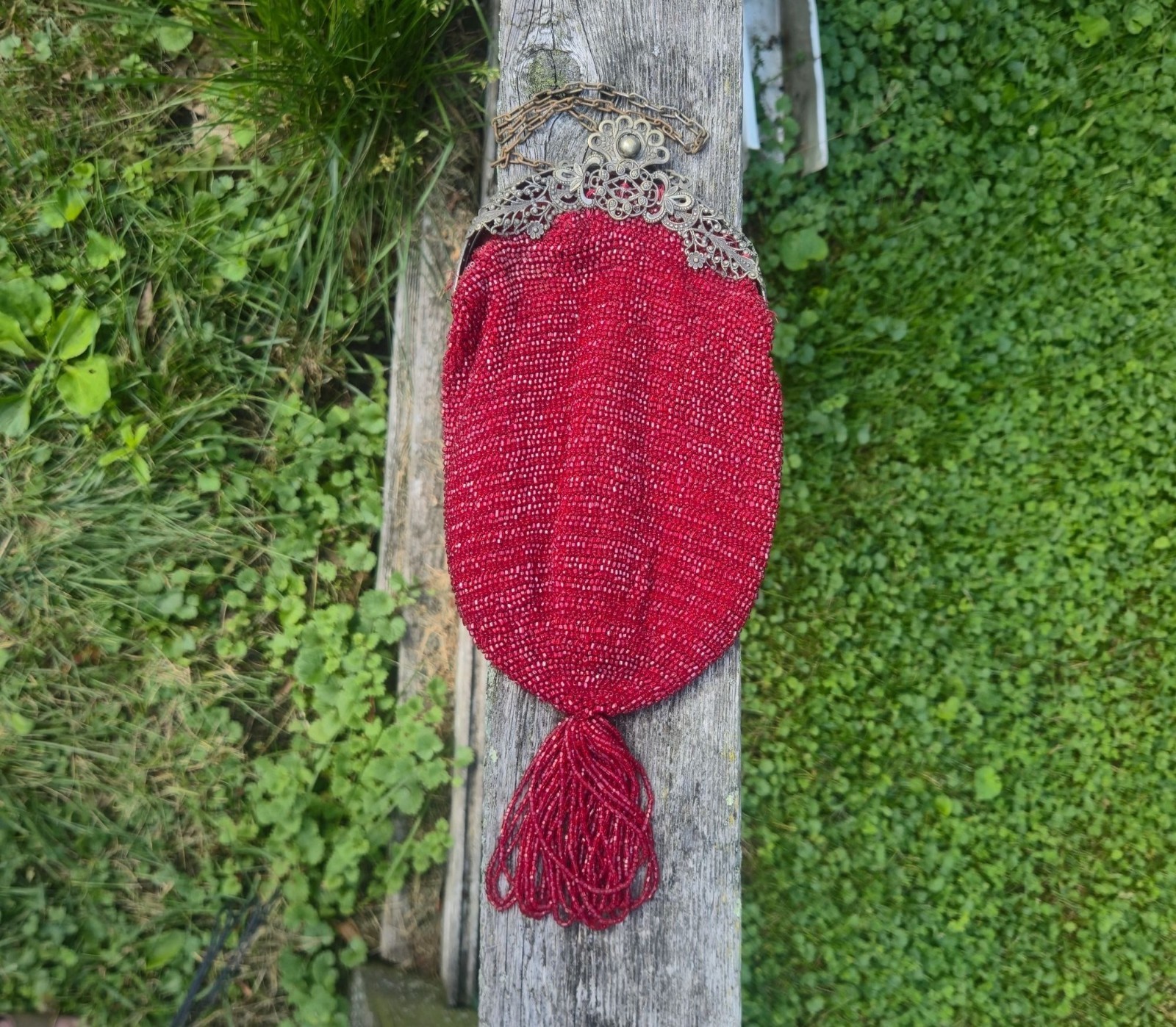 Antique Red Beaded Pouch Purse Ornate Brass Filigree Kiss Lock Reticule Tassel B
