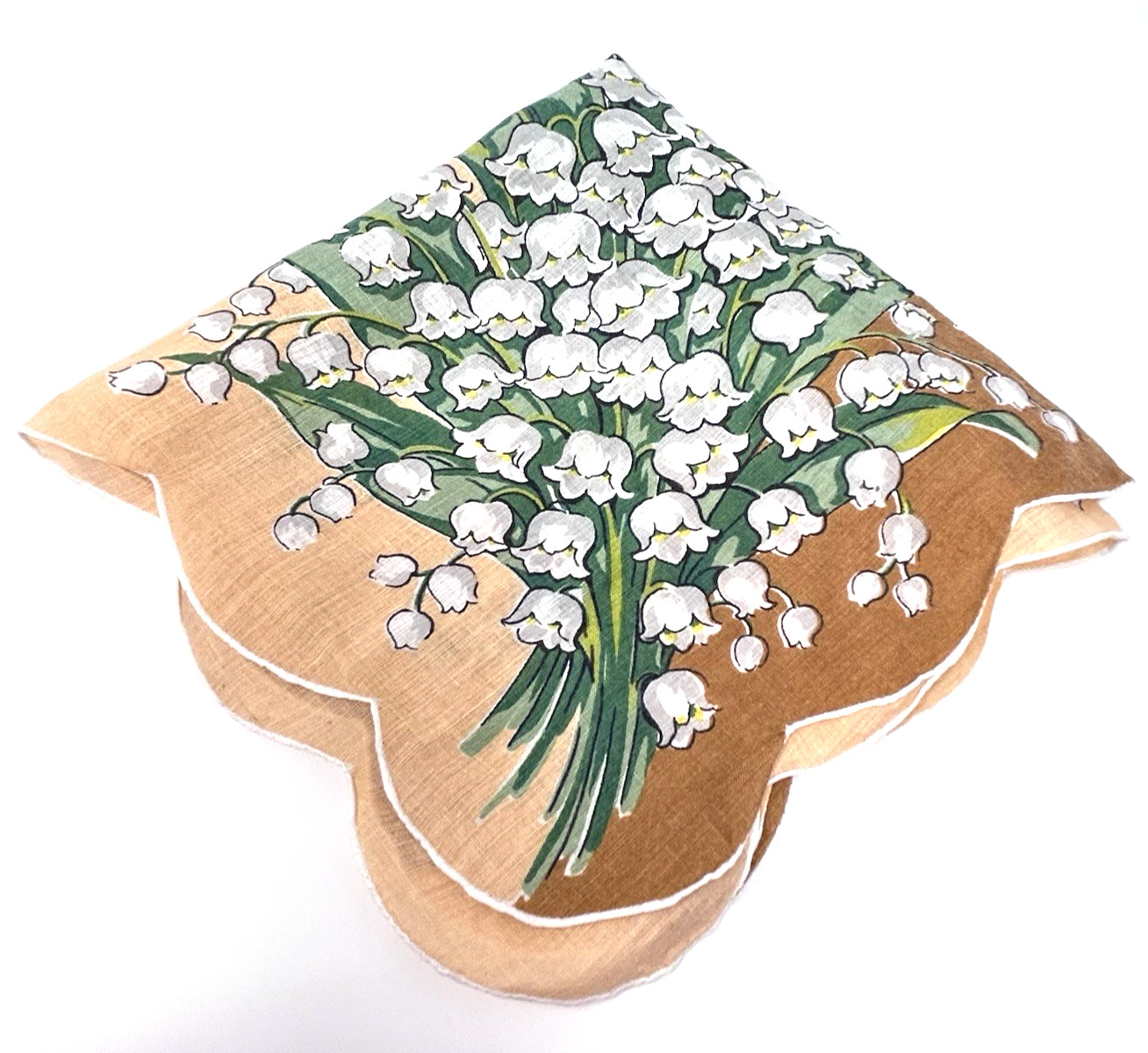 Vintage Lily of the Valley Scalloped Handkerchief Handroll Hem Cotton Print 14″
