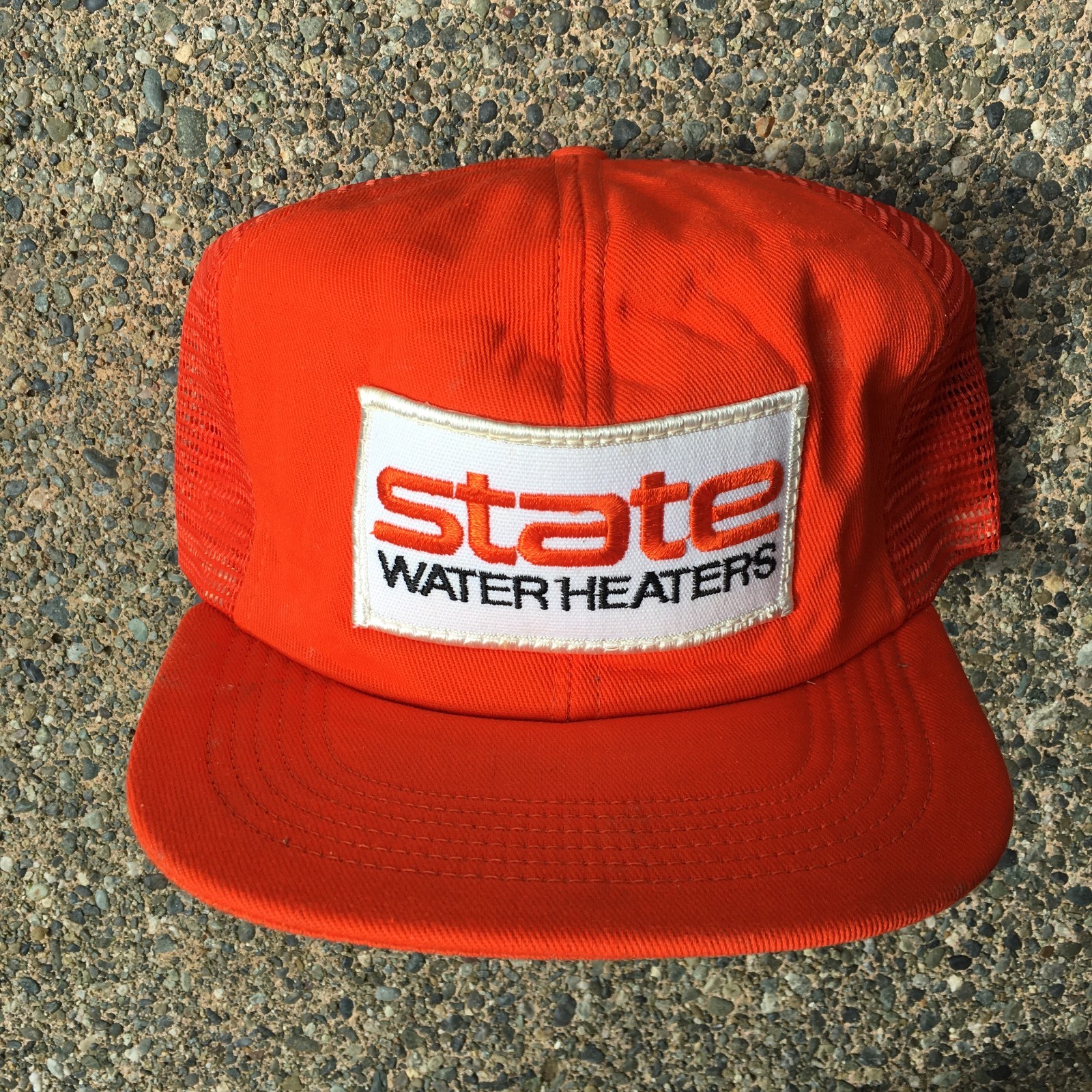 Vtg State Water Heaters Hat Mesh Trucker Patch Orange 80s 70s USA snapback