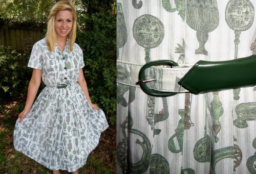 Vtg 50s VIRGINIA HART Cotton Fabric KITCHEN THEME Belt Dress DEADSTOCK M L NOS
