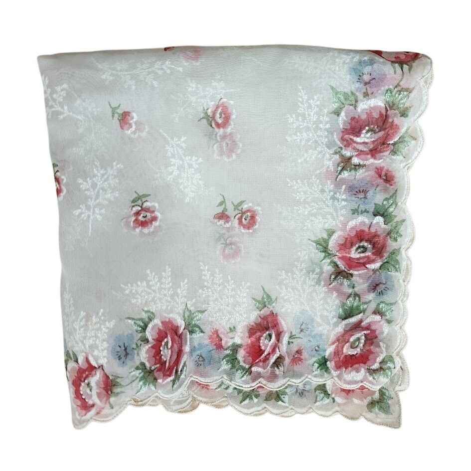 Vintage Floral Sheer Handkerchief Cottagecore Rose Print Scarf Hanky Square 13in