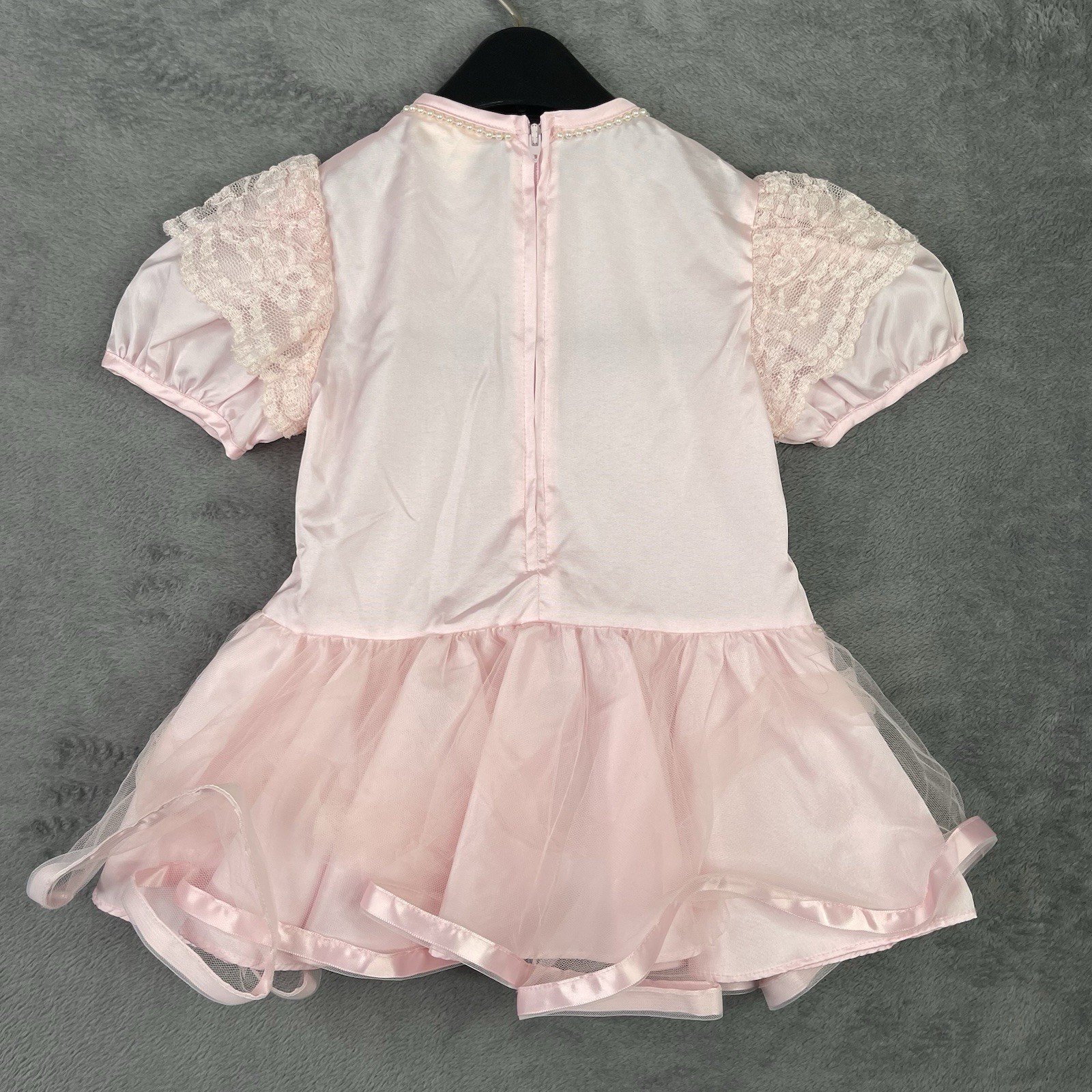 Vintage Baby Sheer Dress Girls 3T Pink Floral White Lace Bow Ribbon Party 70s