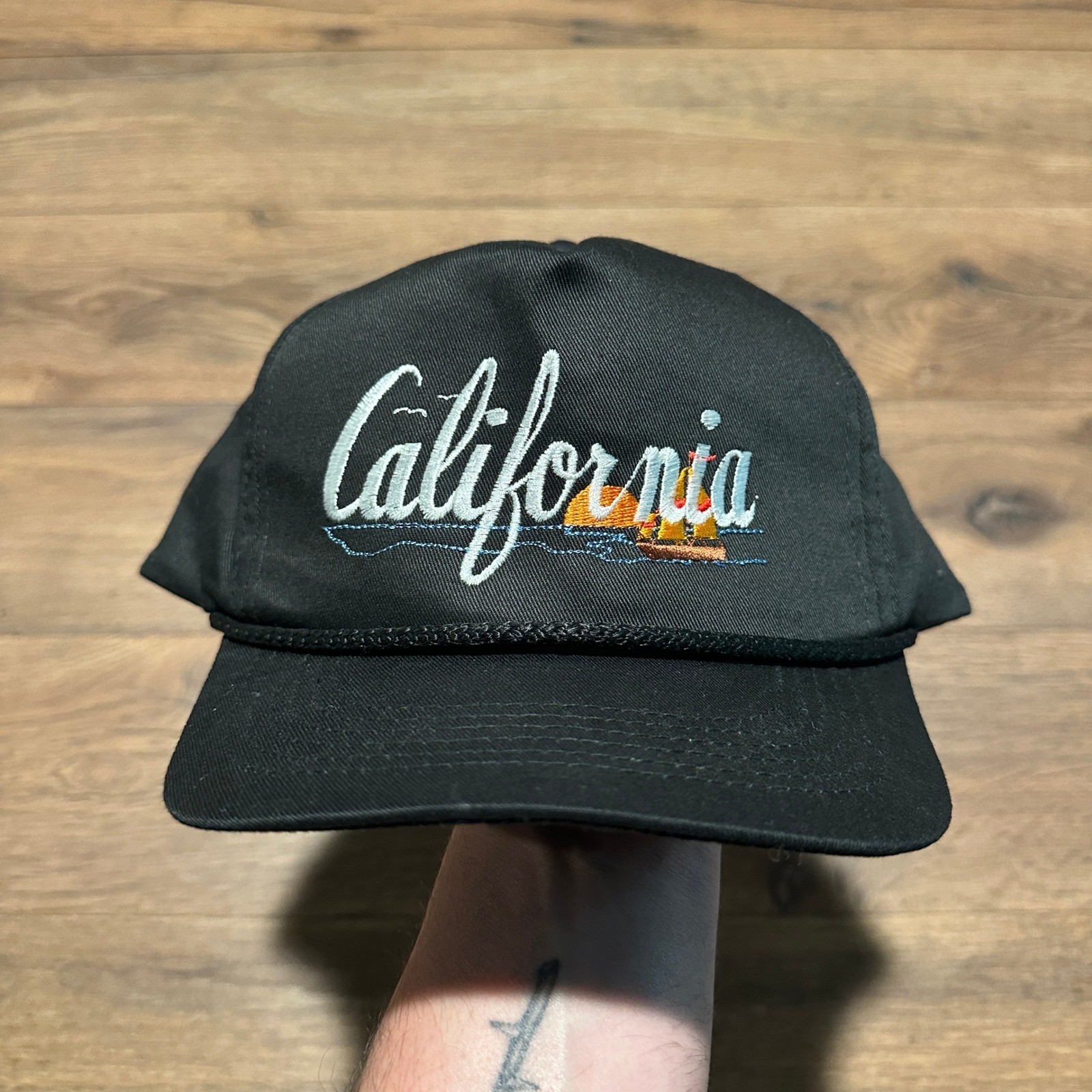Vintage YoungAn Black California Sailboat Rope Snapback Hat Mens OSFM