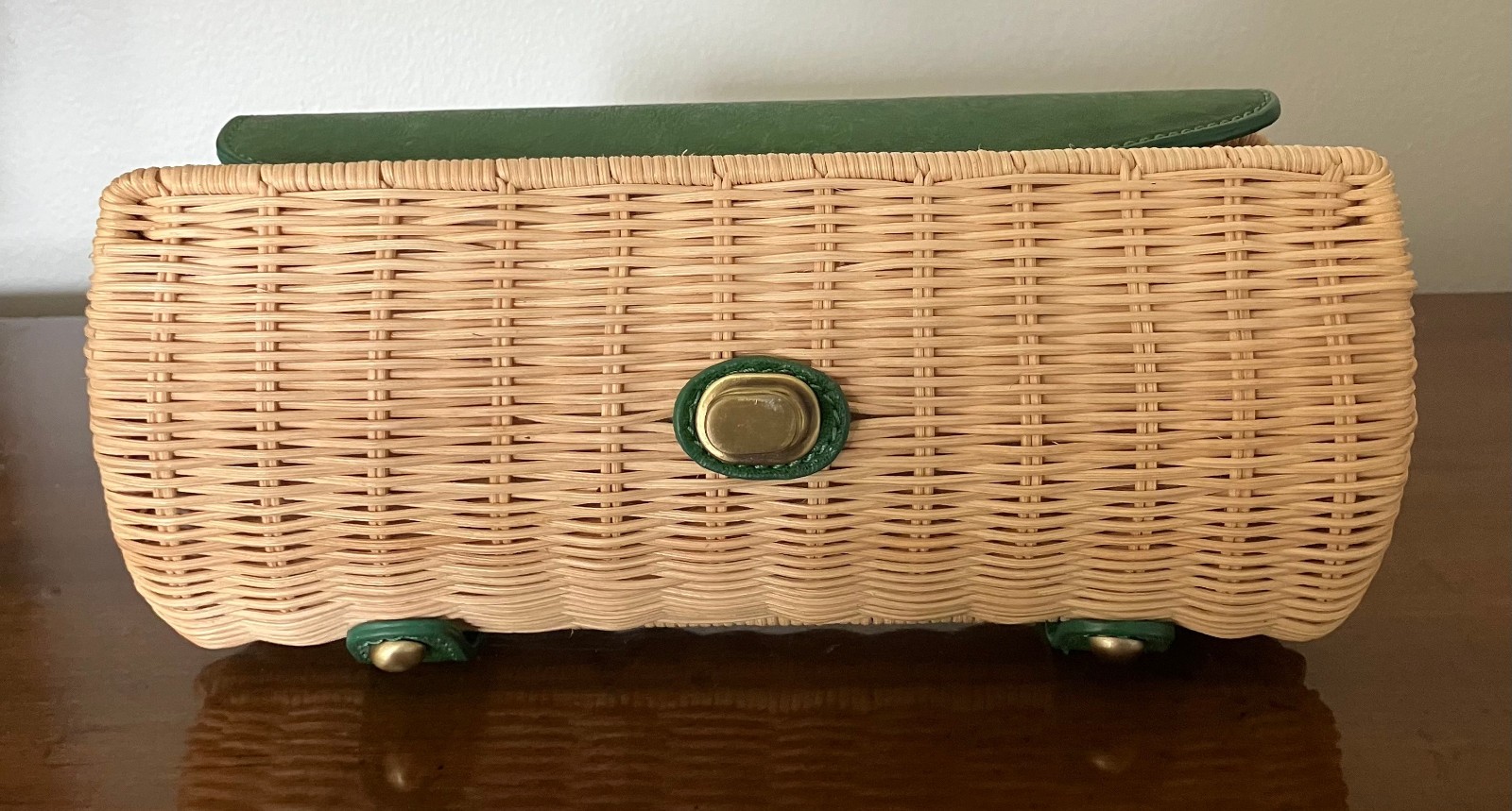 RARE Clutch Hand Bag Vintage Purse Gorgeous Green Leather Trim NOS Made in China