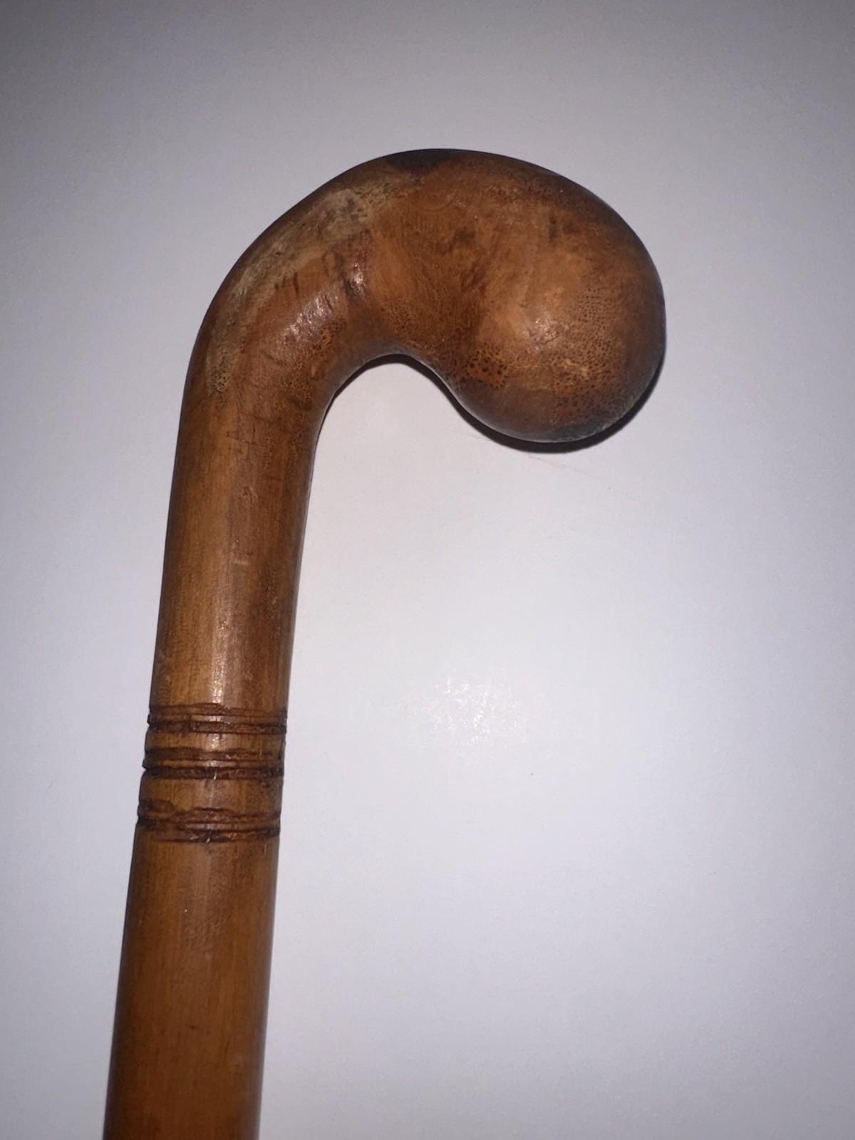 19th Century Beechnut wood Crook Walking Cane Carved Rings 40”