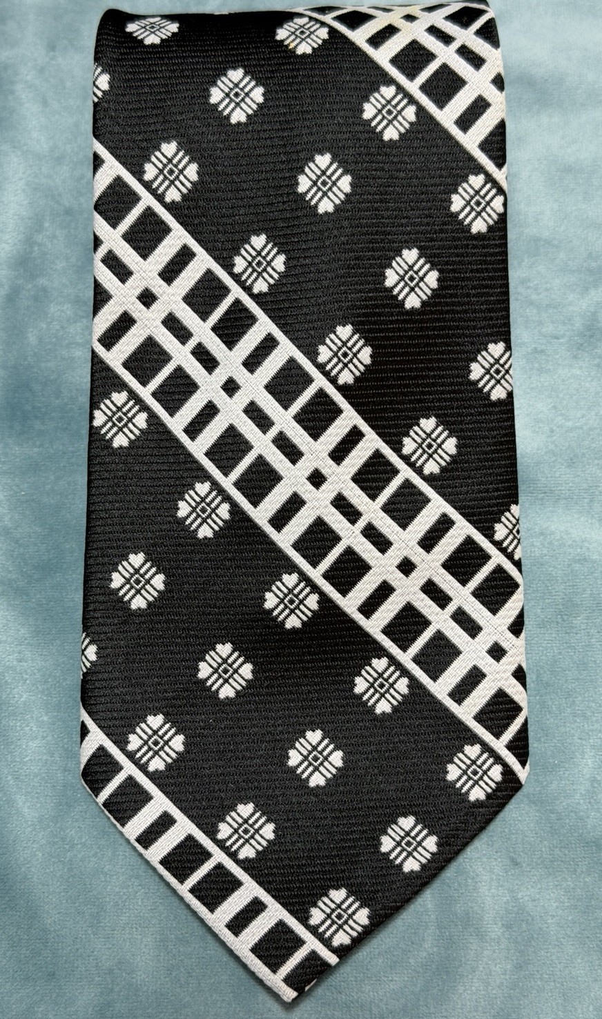 Vintage 70s Modern Geometric Wide Neck Tie Pattern Mix Stripe Black Polyester